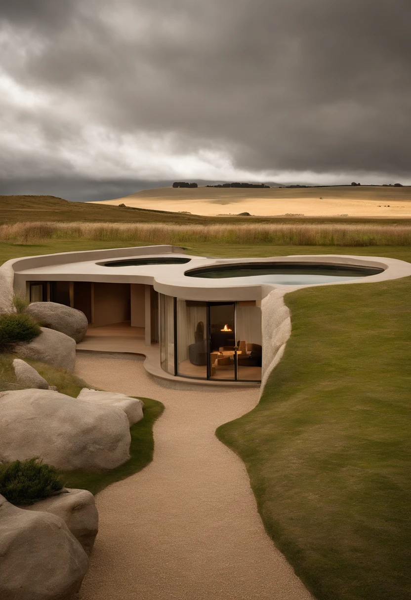 Furnished designer houses inside the Stonehenge stones. With all the details OF a design house furnished within the stones of Stonehenge. The Design House must be embedded IN the stones of Stonehenge, with design windows, se debe de ver desde lejos de las piedas, como si las piedras de Stonehenge fuesen un edificio. La vista tiene que ser las piedras de Stonehenge desde lejos, y por dentro debe parecer como si fuera un edificio, with design houses, with designer furniture, bathhouse, Dormitorios, lounge, Comedor, con todo tipo de detalles del interior de un apartamento.