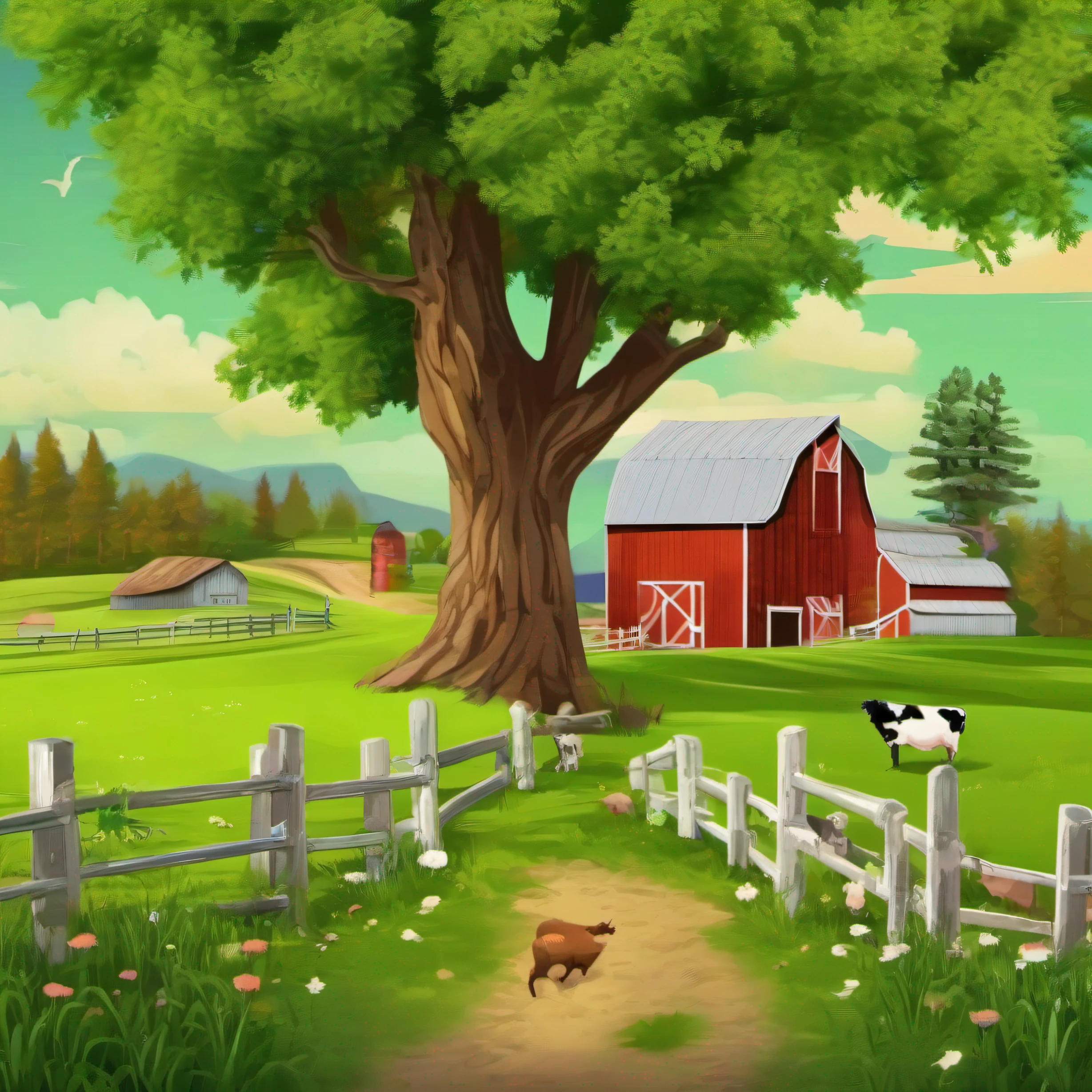 farm, green grass, tree, barn, animals, fence