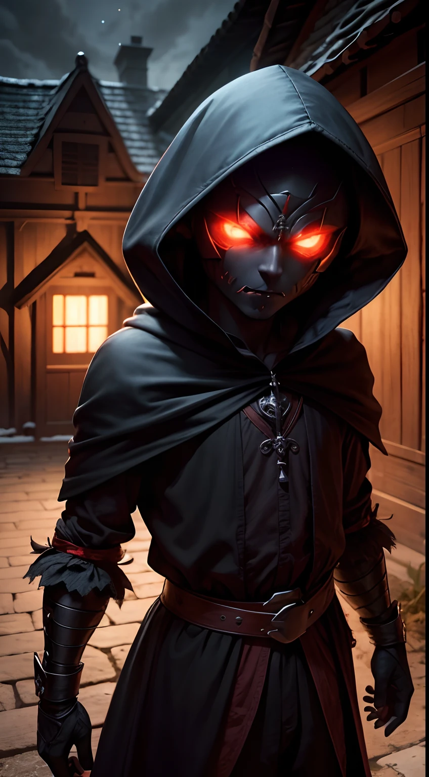 masterpiece, 1600s, (Night Shade), young male humanoid, character, horror, pumpkin head, dark, hood, long blade, night time, cold, glowing red eyes, outside, village