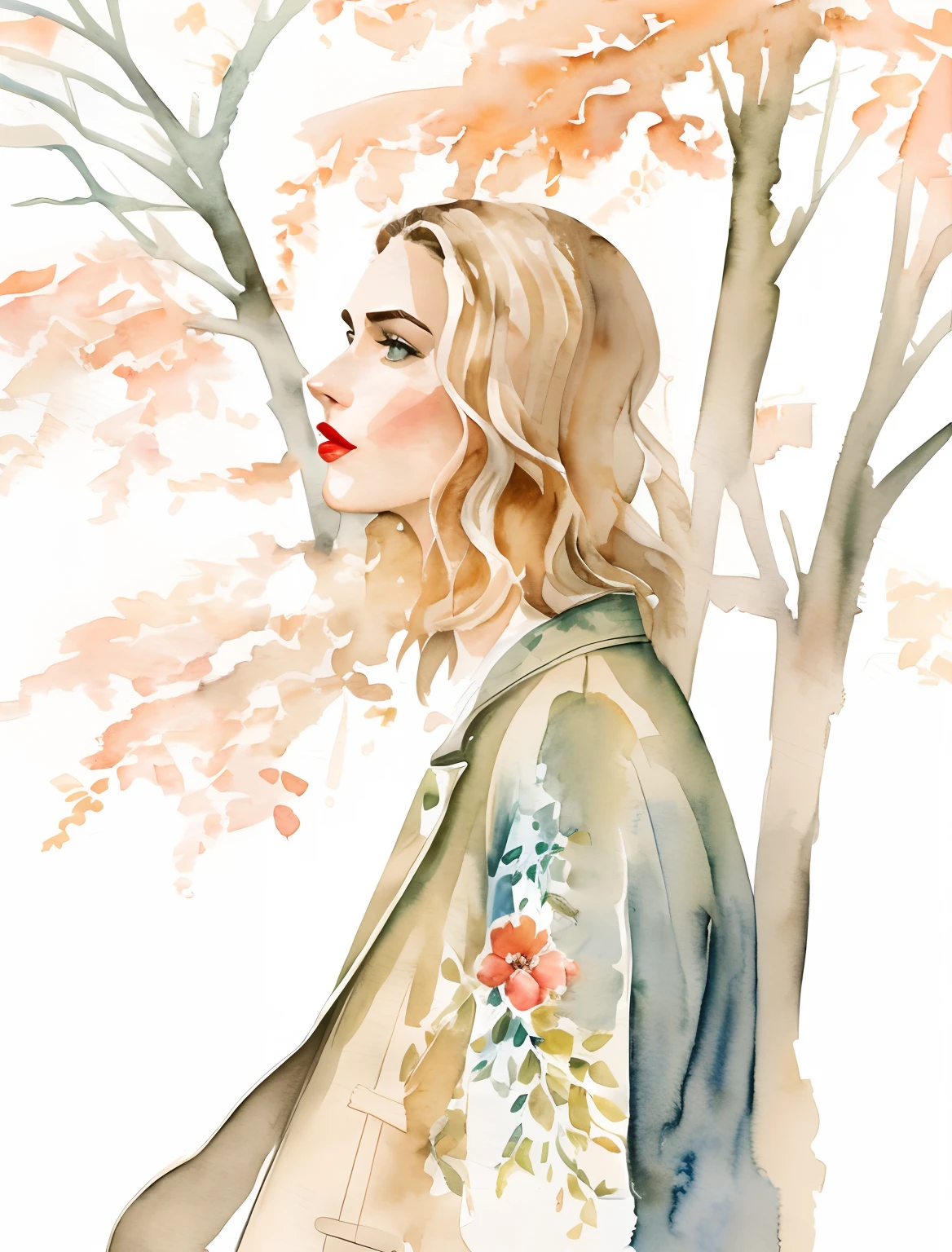 Kelly smith watercolor art Blonde Woman thin hair, french bob, gray blue eyes, beautiful eyes, red lipstick, andreea diaconu, face profile, peach beige dress, jacket, windy, green tree, summer, fantasy, artistic brushstrokes