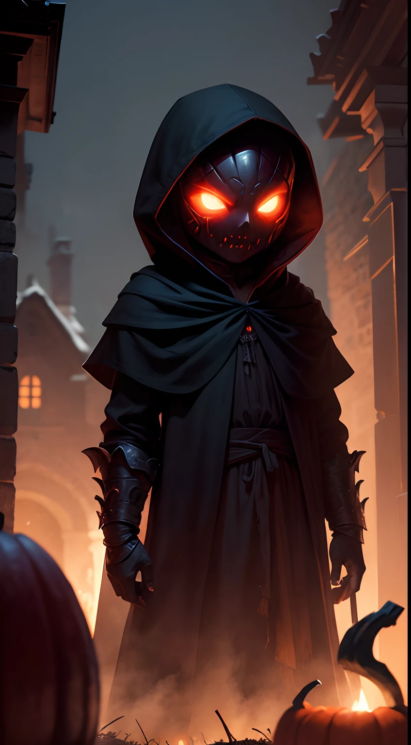 masterpiece, 1600s, (Night Shade), young male humanoid, character, horror, pumpkin head, dark, hood, long blade, night time, cold, glowing red eyes, outside, village