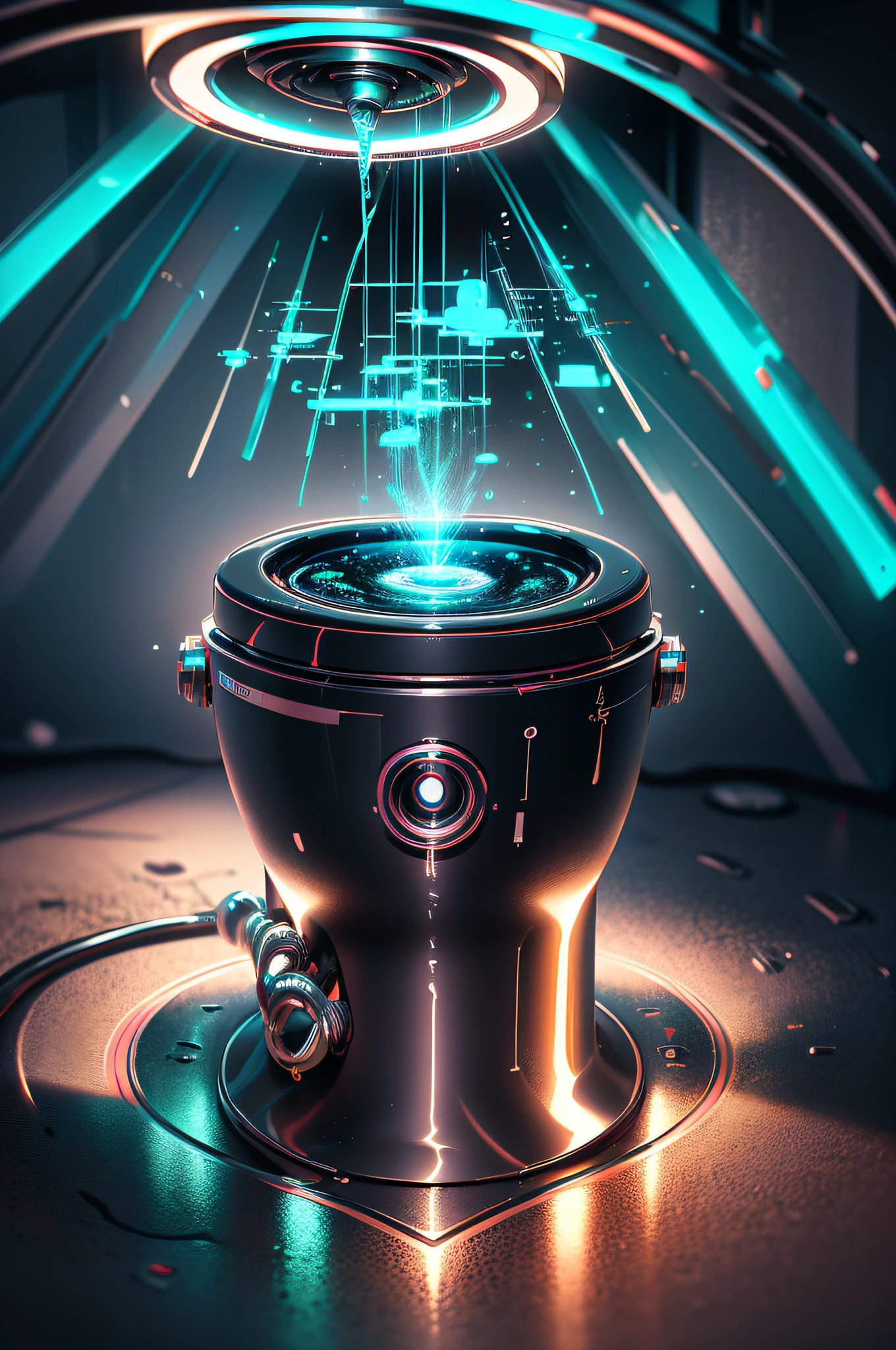 Futuristic Robotic (((Toilet))) under a spotlight, elevated on stage, ((the manufacturor's name emblazoned on the side with text "Midjourney" on the toilet lid in a modern font)), (((excessive detail))), indicators, lights, (((vaporwave))), (((mini LED lights))), foggy haze in the air with strobes and lasers illuminating it, neon lights, HDR, Photo-reallistic, photography, bokeh, best quality
