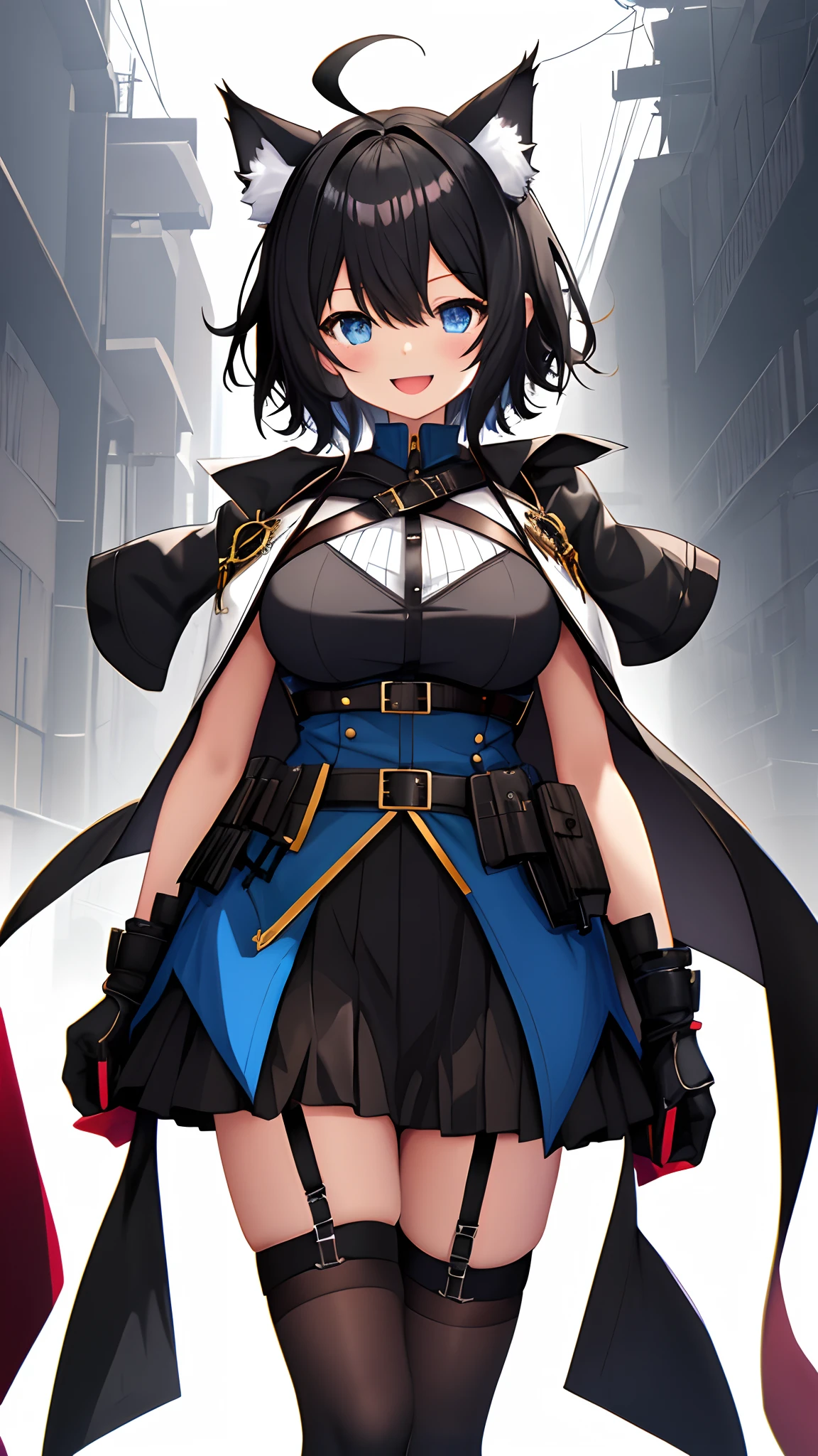 ,((Upright)), ((Arms at sides)), Looking at Viewer, simple background、White background, 1girl in, Open mouth, Smile, Virtual Youtuber、girl with、((Best Quality, high_resolution, Distinct_image)),(Black hair), (Black cat ears), (Ahoge), (absurdly short hair), (Wavy Hair), (Blue eyes),、A smile、Very big breasts、concept-art、((View Viewer))。military outfits。Wearing a cape。((Facing the viewer))Wearing a black harness。Wearing a garter belt。