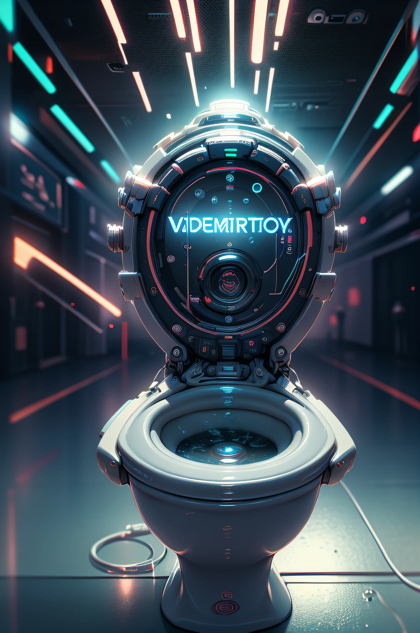 Futuristic Robotic (((Toilet))) under a spotlight, elevated on stage, ((the manufacturor's name emblazoned on the side with text "Midjourney" on the toilet lid in a modern font)), (((excessive detail))), indicators, lights, (((vaporwave))), (((mini LED lights))), foggy haze in the air with strobes and lasers illuminating it, neon lights, HDR, Photo-reallistic, photography, bokeh, best quality