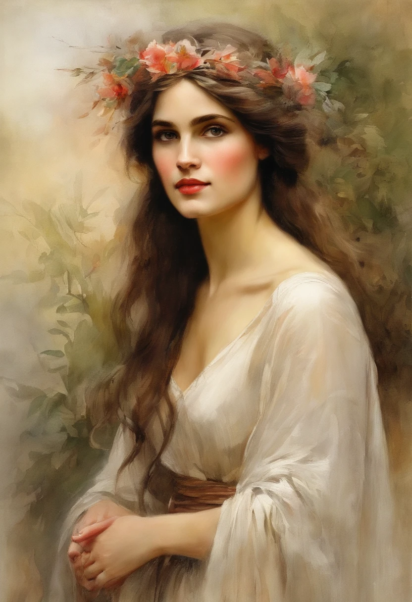 william waterhouse style painting  maiden with very pretty soft facial features