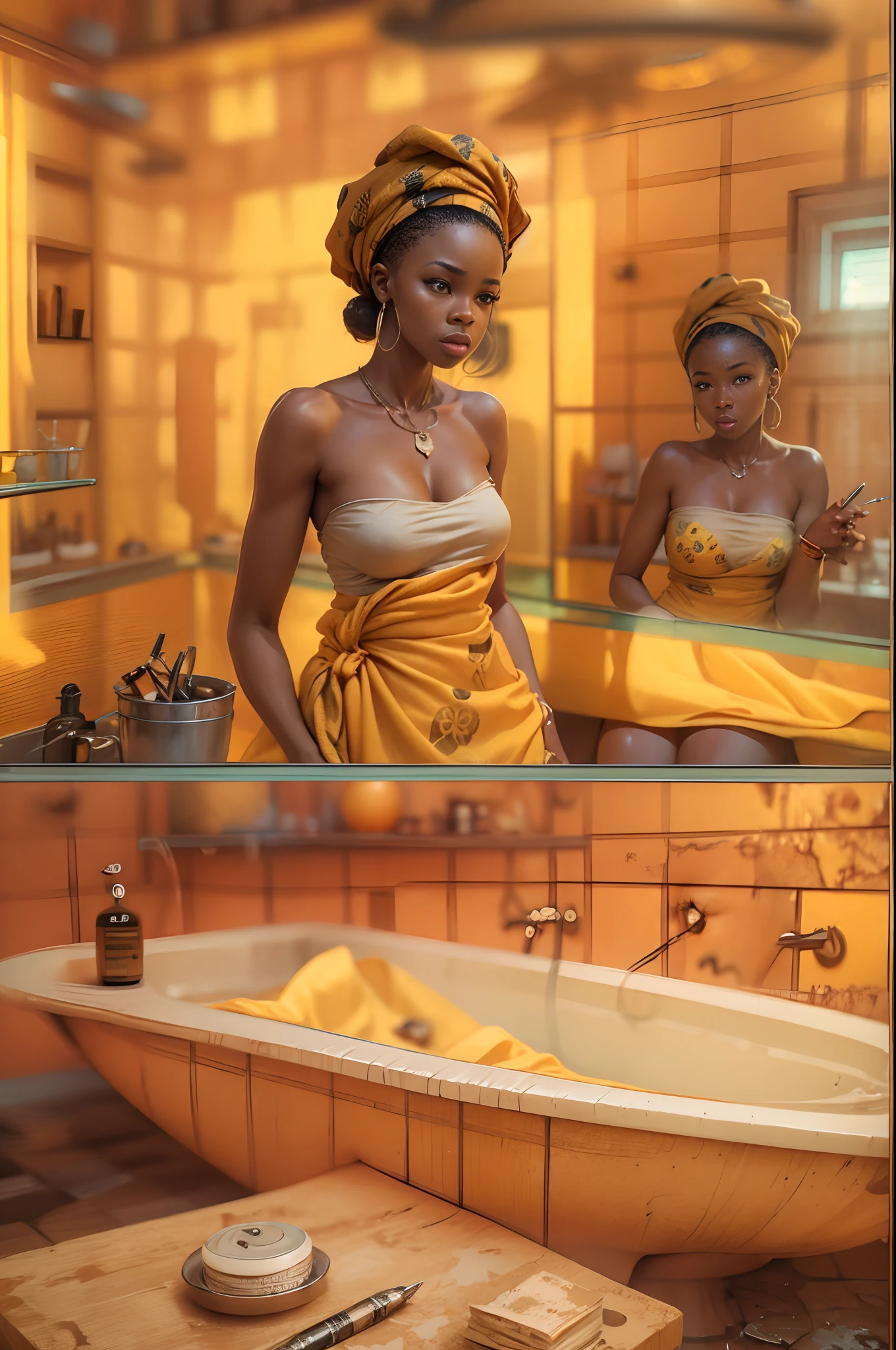 Different mood african woman with, showing clevage, clutched in deep green towel, wide angle in a vintage bathroom, long zoom camera view , perfect anatomy, illustrative, painterly, detailed, UHD drawing, pen and ink, perfect composition, beautiful detailed intricate insanely detailed octane render trending on artstation, 8k artistic photography, photorealistic concept art, soft natural