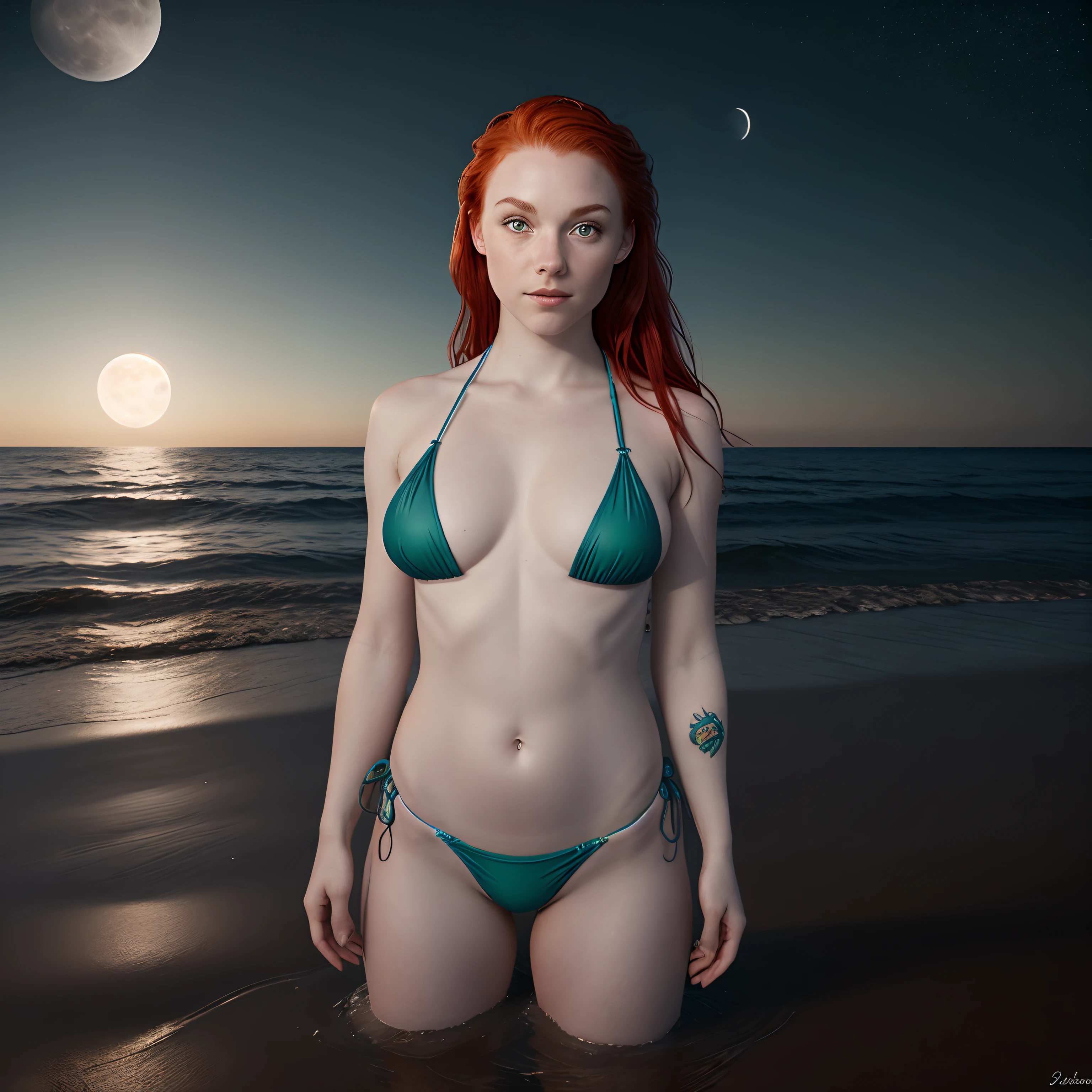 Full body in bikini, athletic, with feet in the sea water on the edge of the beach, night sky with full moon reflecting in the sea, super detailed, realistic, photography, woman with red hair, very beautiful, sensual, real turtle tattoo below the navel, green eyes