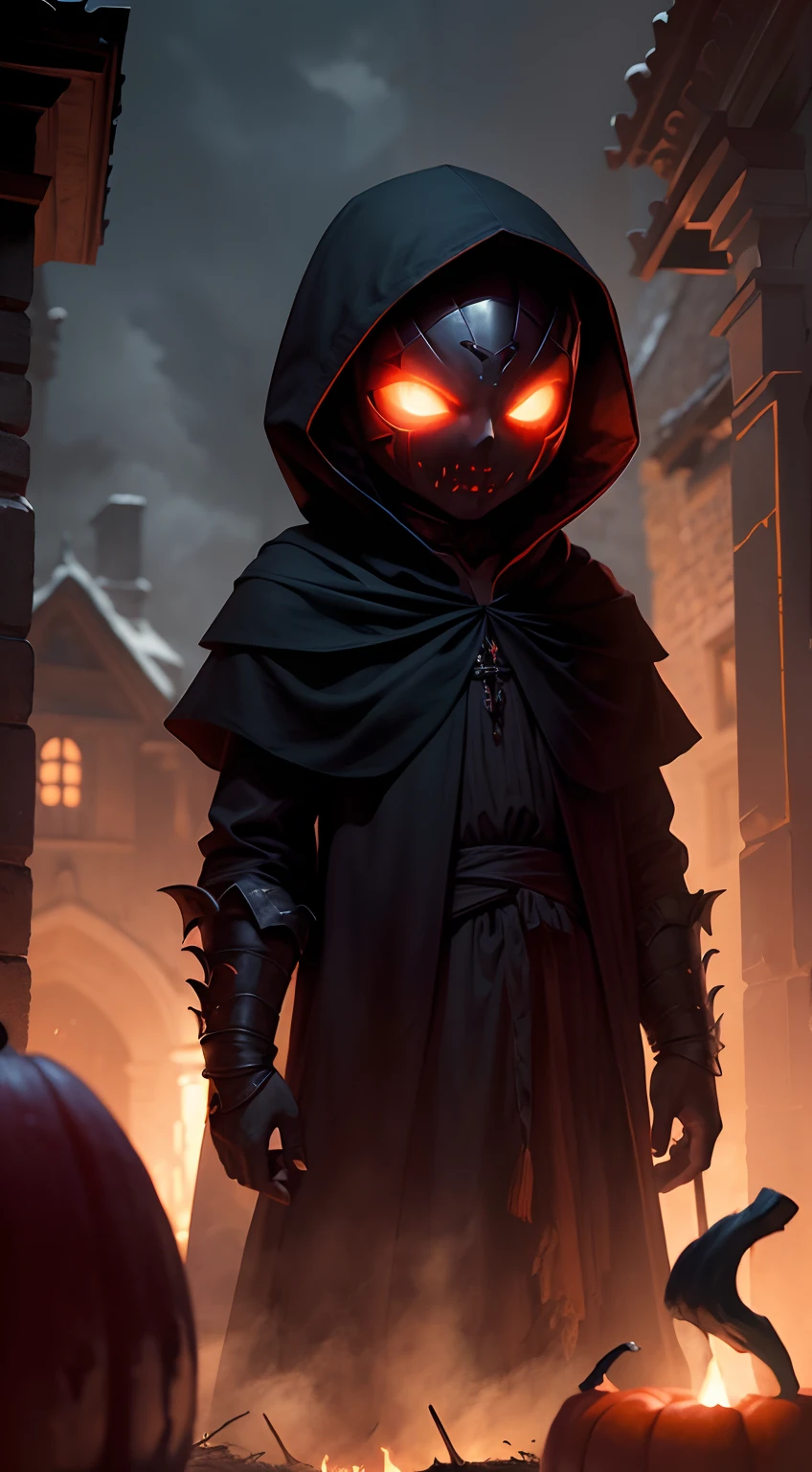 masterpiece, 1600s, (Night Shade), young male humanoid, character, horror, pumpkin head, dark, hood, long blade, night time, cold, glowing red eyes, outside, village