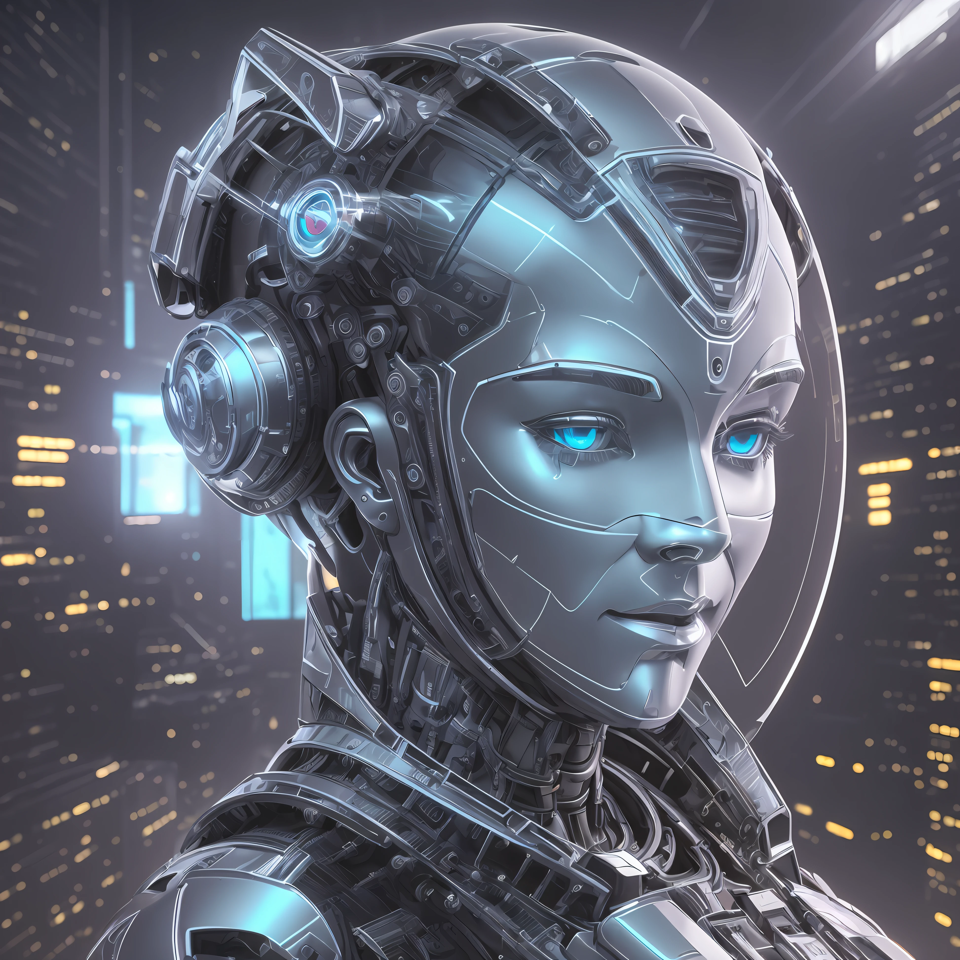 Perfectly-centered portrait of a robot, center frame, highly detailed, front-facing!!!, professional digital painting, unreal engine 5, photorealism, full face, hd quality, 8k resolution, cinema 4d, 3d, cinematic, professional photography, color black, white, cyan, yellow and purple --auto --s2