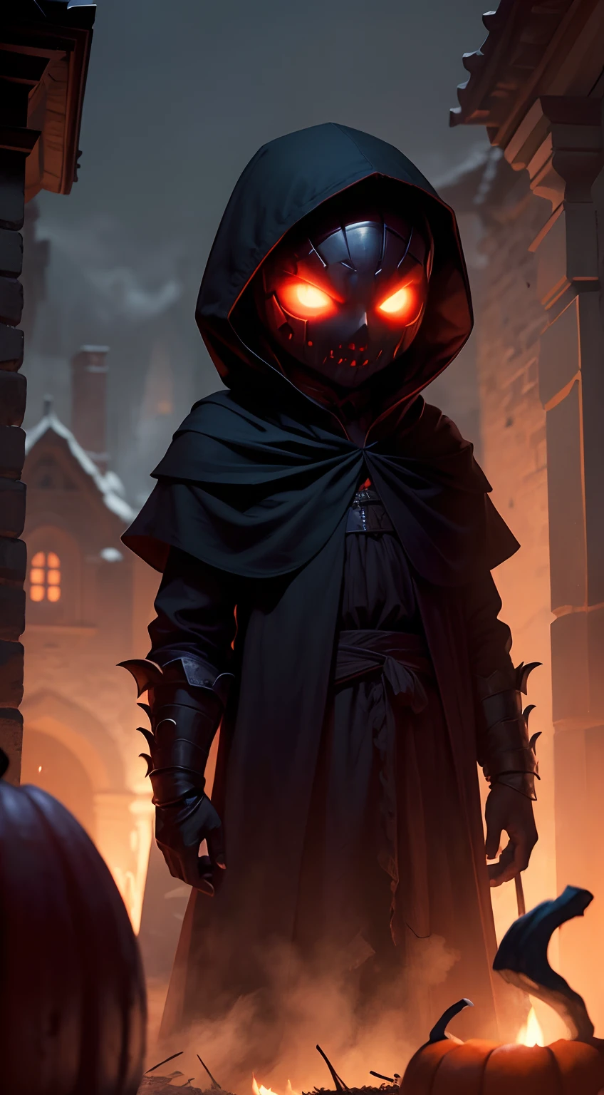masterpiece, 1600s, (Night Shade), young male humanoid, character, horror, pumpkin head, dark, hood, long blade, night time, cold, glowing red eyes, outside, village