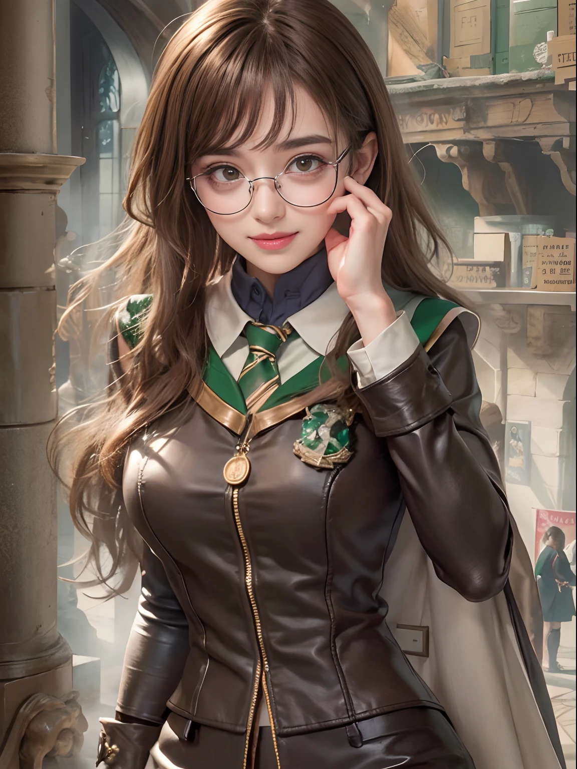 Beautiful girl with thick brown hair, Big shiny brown eyes, long eyelashes, A Deep Look, eyeglasses, warm smile ,Photorealistic, High Resolution, 1womanl, 独奏, hips up, Viewer, (Detailed Face), Hogwarts Uniforms, Hogsks, Slytherin，black stockings