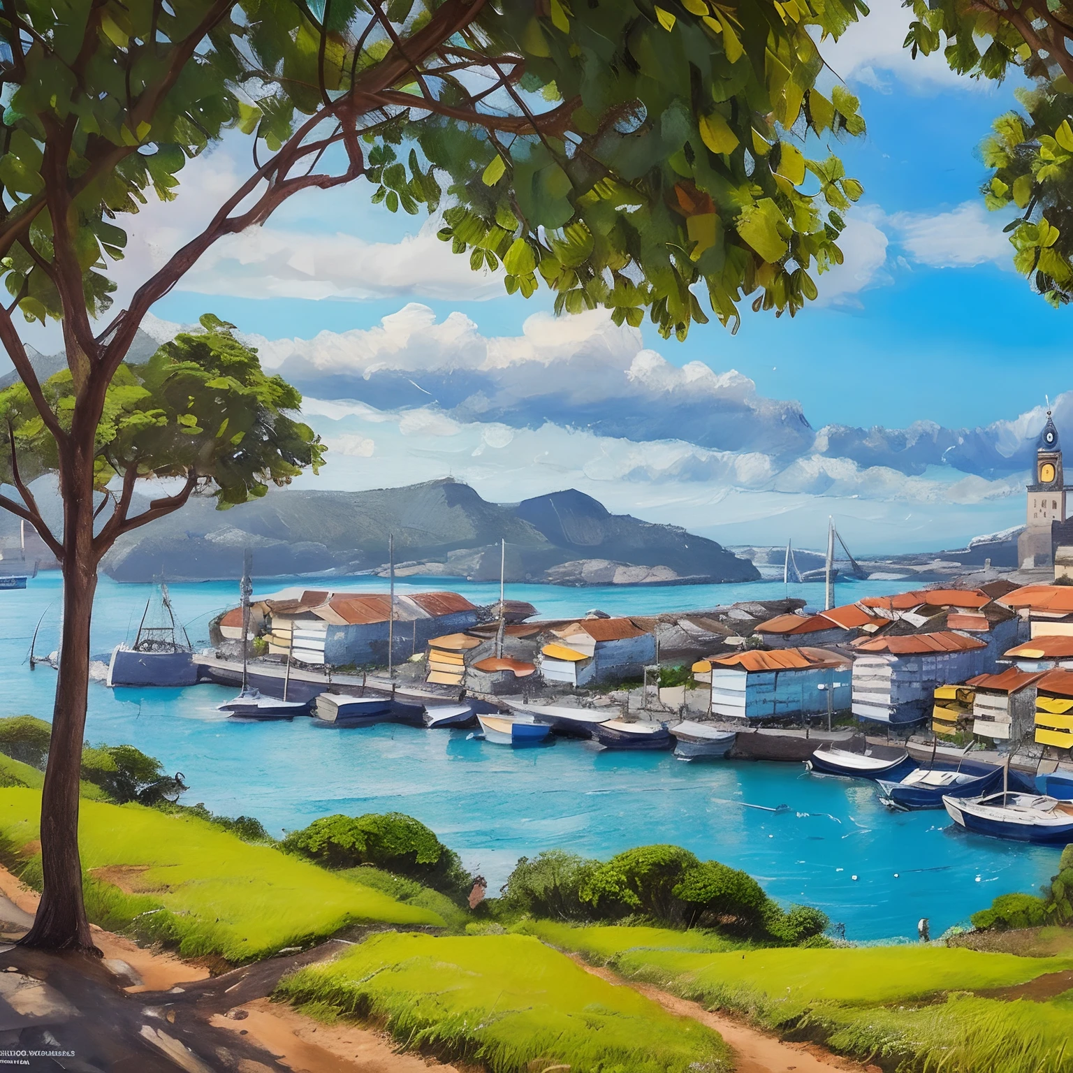 pintura de uma cidade costeira brasileira de 1889 em uma ilha, Capital do Estado,Illustration medium,paisagem urbana detalhada,ondas do mar lindamente representadas,arquitetura impressionante,palmeiras majestosas,vida agitada da cidade,Barracas coloridas do mercado,authentic local atmosphere,vivid colors,ruas iluminadas pelo sol,glistening water,Gaivotas em voo,bright blue sky,paisagem realista da cidade,fotorrealista,high-resolution masterpiece,4k resolution,exquisite attention to detail,Unique Brazilian culture,rich history and heritage,arquitetura diversificada,Colonial buildings,Magnificent Cathedral,Iconic lighthouse,Narrow cobbled streets, porto movimentado, Barcos atracados no porto,pessoas alegres,moradores vestidos com trajes tradicionais,enlivening the scene with its vibrant spirit,pescadores locais,Historical characters,vendedores ambulantes animados,rhythmic sounds of samba,Mercado flutuante no canal,cultural fusion of Portuguese and indigenous influences,amazing view from the point of view,Mood change in the sky and ocean,Romantic sunset over the city,luz suave e quente iluminando a paisagem,mistura de velho e novo,modern skyscrapers that merge with historic buildings,Majestic statue welcoming visitors at the entrance to the city，Impressive mix of nature and urbanization,ambiente inspirador,unforgettable experience.