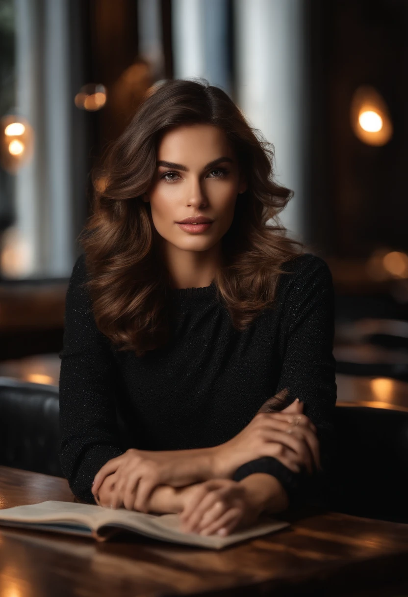 (mise au point nette: 1.2), photo (corps entier) (American Apartment), Attrayant jeune homme de 25 ans, Menu de lecture, sitting in a Parisian café, (beau visage: 1.1), Light brown eyes detailed, Delicious lips, (maquillage des yeux: 0.85), (seins moyens: 1.0), (corps ferme: 1.2), (longs cheveux noirs doux: 1.2), (frange longue:1.1),Porter (Minijupe) Plaid miniskirt, (pull oversize), (moderate lighting: 1.2), profondeur de champ, Bokeh, 4K, Hdr. Miss Univers, Photo de couverture. ((peau avec petites taches et rides), , (moody lighting: 1.2), profondeur de champ, Bokeh, 4K, Hdr