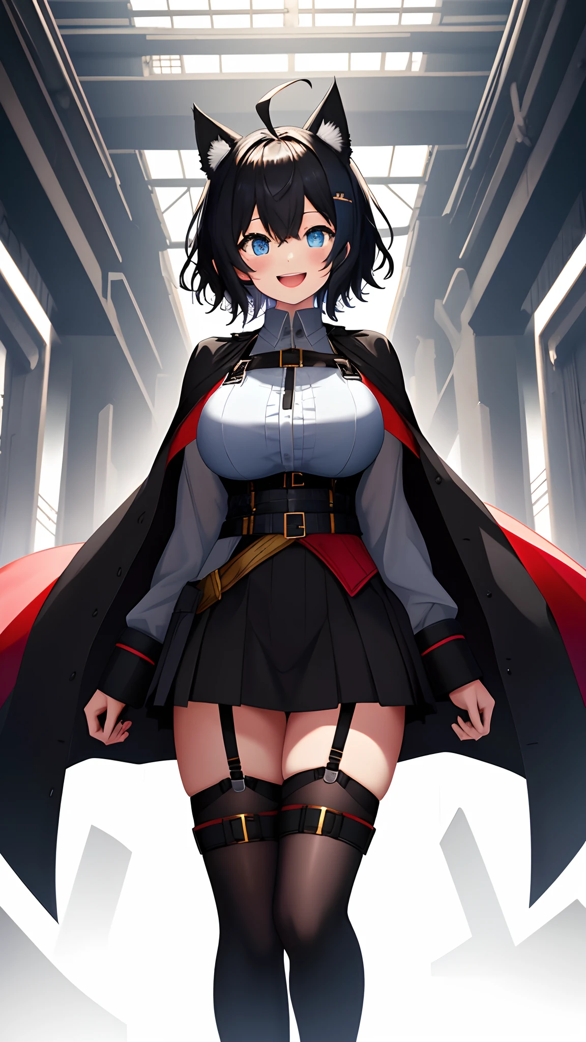 ,((Upright)), ((Arms at sides)), Looking at Viewer, simple background、White background, 1girl in, Open mouth, Smile, Virtual Youtuber、girl with、((Best Quality, high_resolution, Distinct_image)),(Black hair), (Black cat ears), (Ahoge), (absurdly short hair), (Wavy Hair), (Blue eyes),、A smile、Very big breasts、concept-art、((View Viewer))。military outfits。Wearing a cape。((Facing the viewer))Wearing a black harness。Wearing a garter belt。