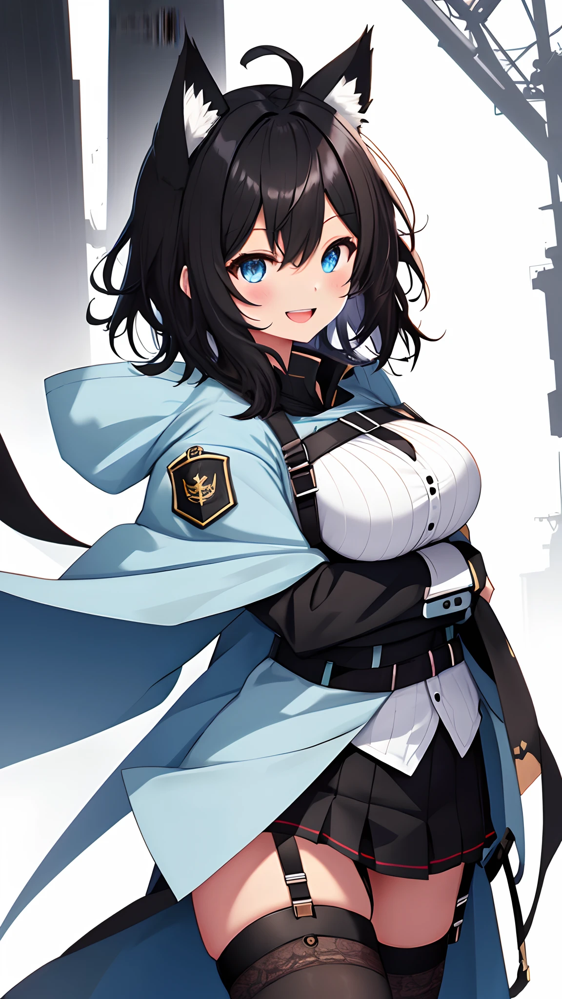 ,((Upright)), ((Arms at sides)), Looking at Viewer, simple background、White background, 1girl in, Open mouth, Smile, Virtual Youtuber、girl with、((Best Quality, high_resolution, Distinct_image)),(Black hair), (Black cat ears), (Ahoge), (absurdly short hair), (Wavy Hair), (Blue eyes),、A smile、Very big breasts、concept-art、((View Viewer))。military outfits。Wearing a cape。((Facing the viewer))Wearing a black harness。Wearing a garter belt。