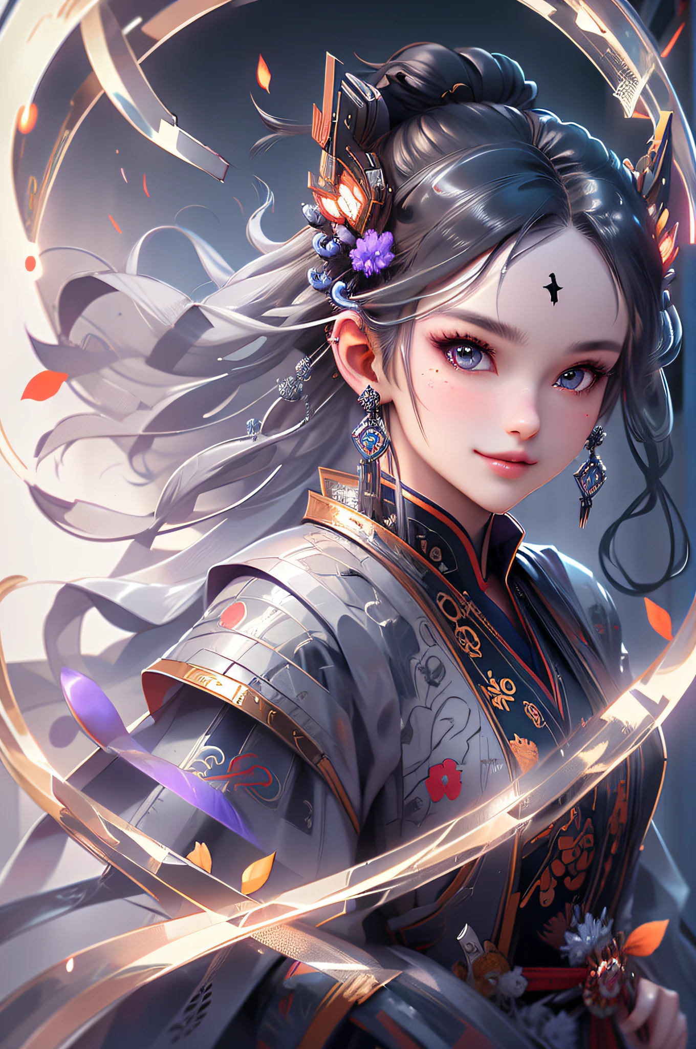 [(white background:1.5)::5] hexagon,(detailed face:1.2),smile,chinese style,immortal demeanor, long-haired man, peaks, deep ravines, stars, turbulent winds, soaring dragons, cross-shaped sword, purple clouds, giant birds, portal, smoke, flames, mystical runes, ancient robe, red petals, halo,lightning,thunder,