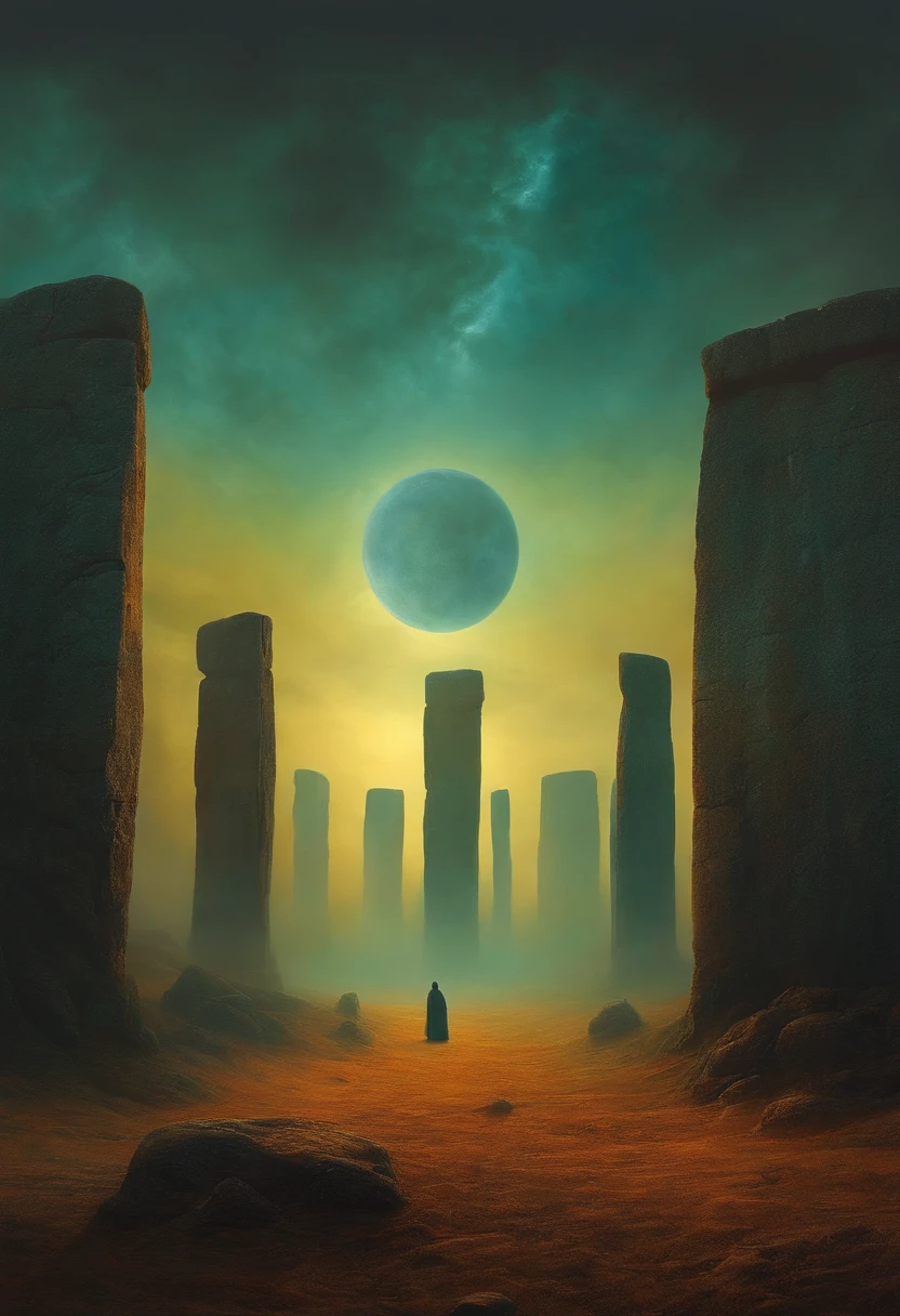 Zdzisław Beksiński stonehenge style with Aliens landing