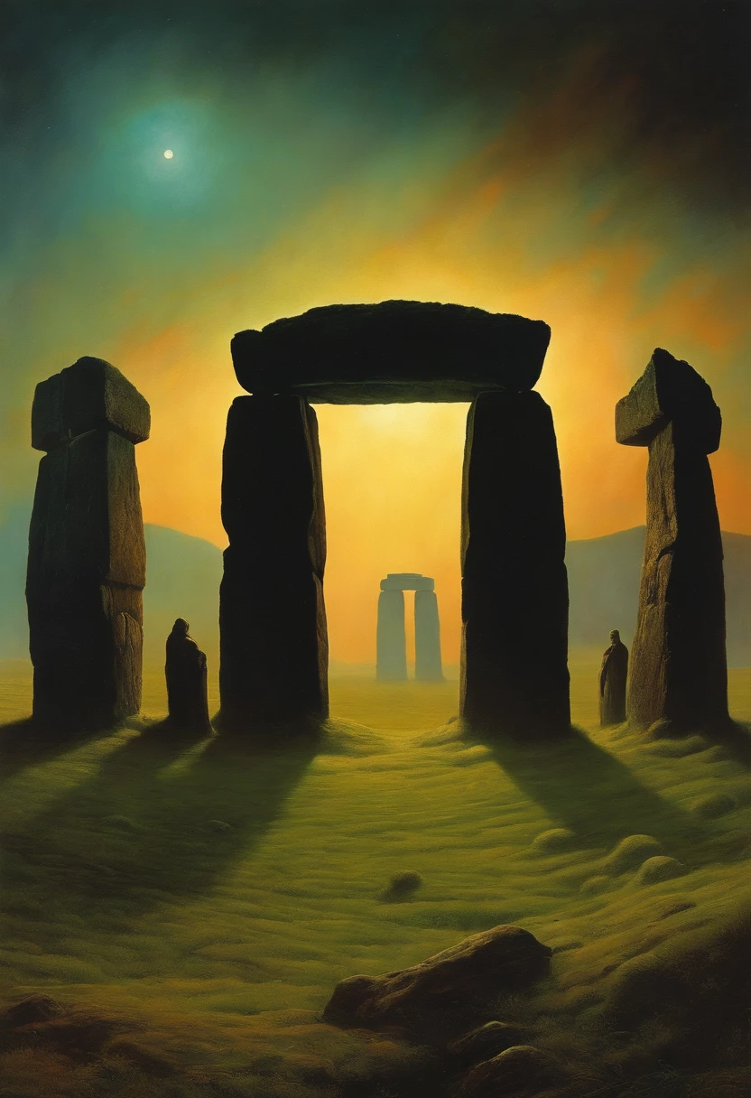 Zdzisław Beksiński stonehenge style with Aliens landing