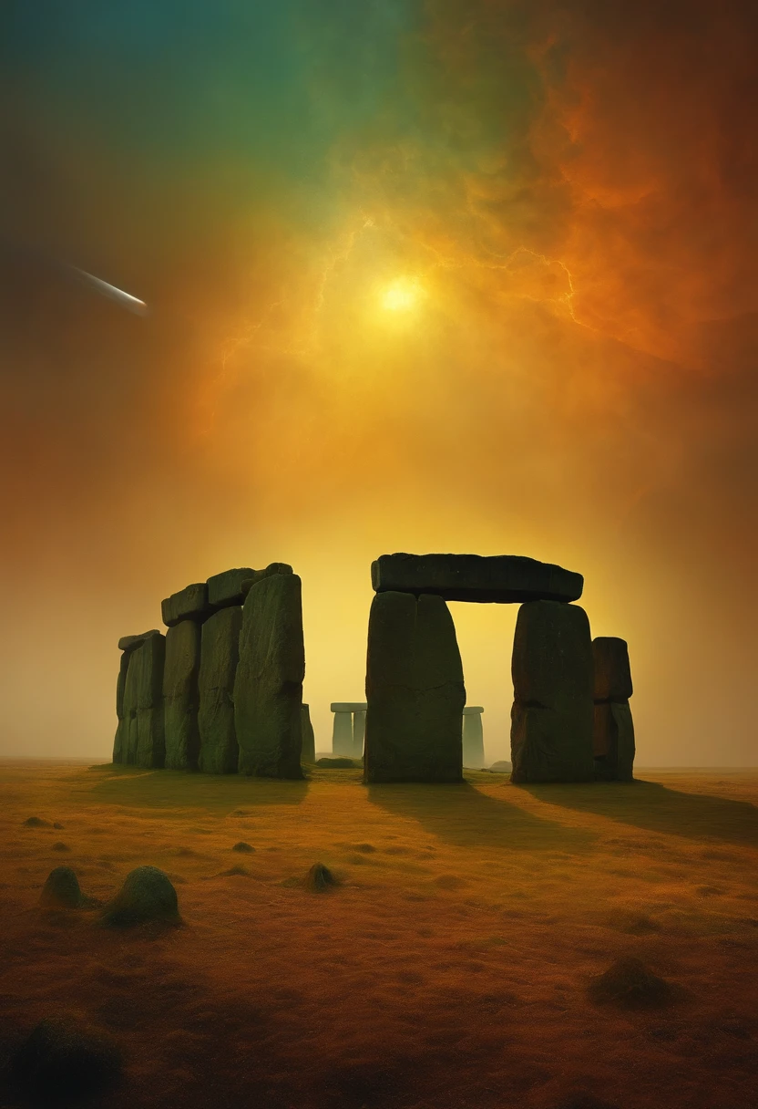 Zdzisław Beksiński stonehenge style with Aliens landing