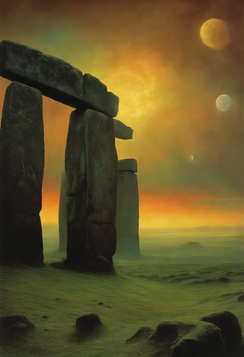 Zdzisław Beksiński stonehenge style with Aliens landing