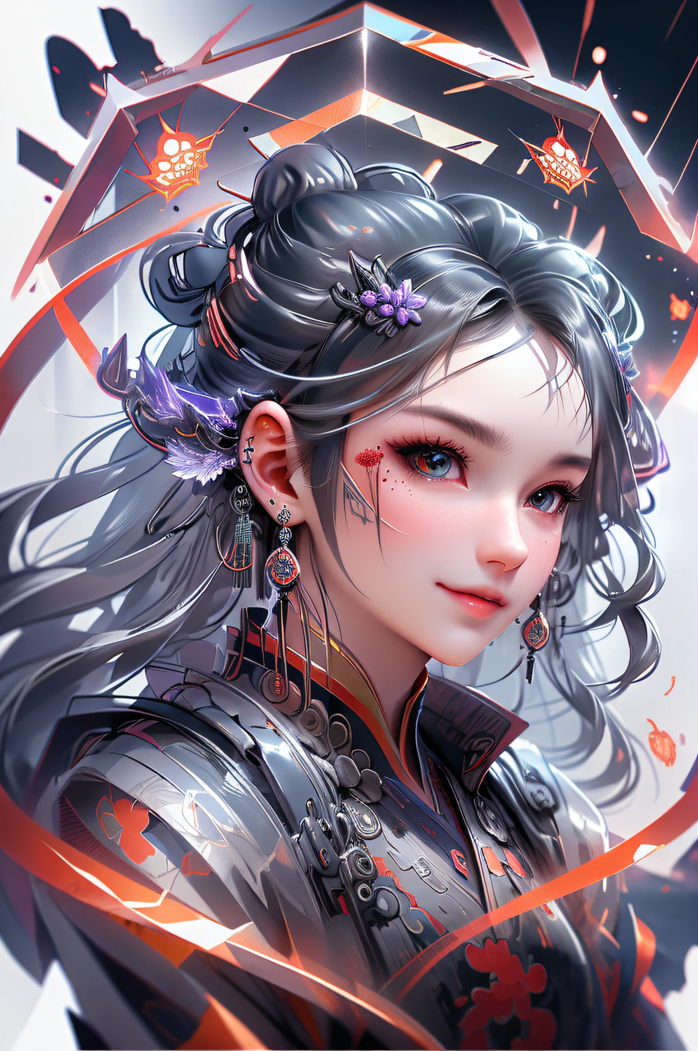 [(white background:1.5)::5] hexagon,(detailed face:1.2),smile,chinese style,immortal demeanor, long-haired man, peaks, deep ravines, stars, turbulent winds, soaring dragons, cross-shaped sword, purple clouds, giant birds, portal, smoke, flames, mystical runes, ancient robe, red petals, halo,lightning,thunder,