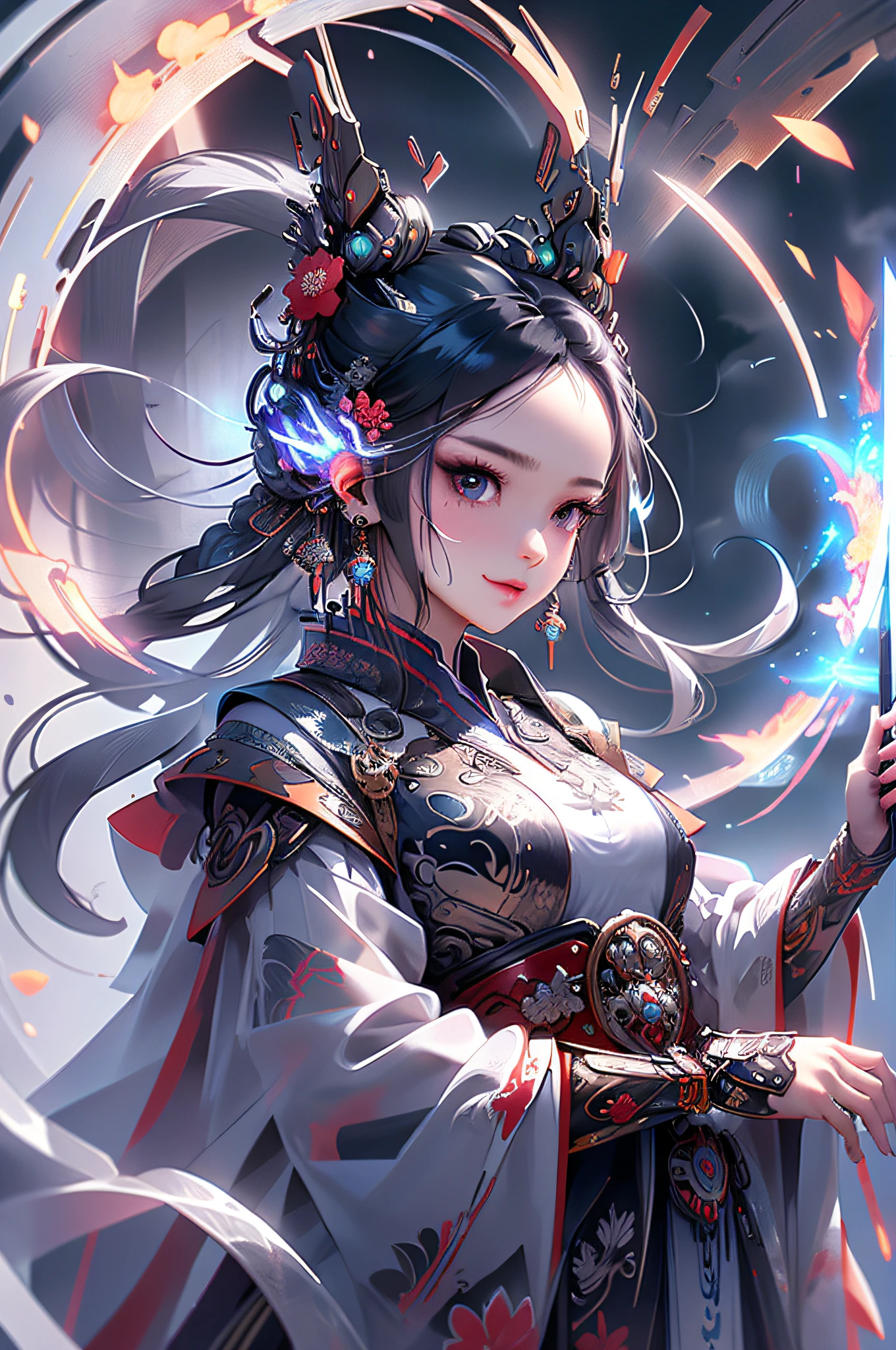 [(white background:1.5)::5] hexagon,(detailed face:1.2),smile,chinese style,immortal demeanor, long-haired man, peaks, deep ravines, stars, turbulent winds, soaring dragons, cross-shaped sword, purple clouds, giant birds, portal, smoke, flames, mystical runes, ancient robe, red petals, halo,lightning,thunder,