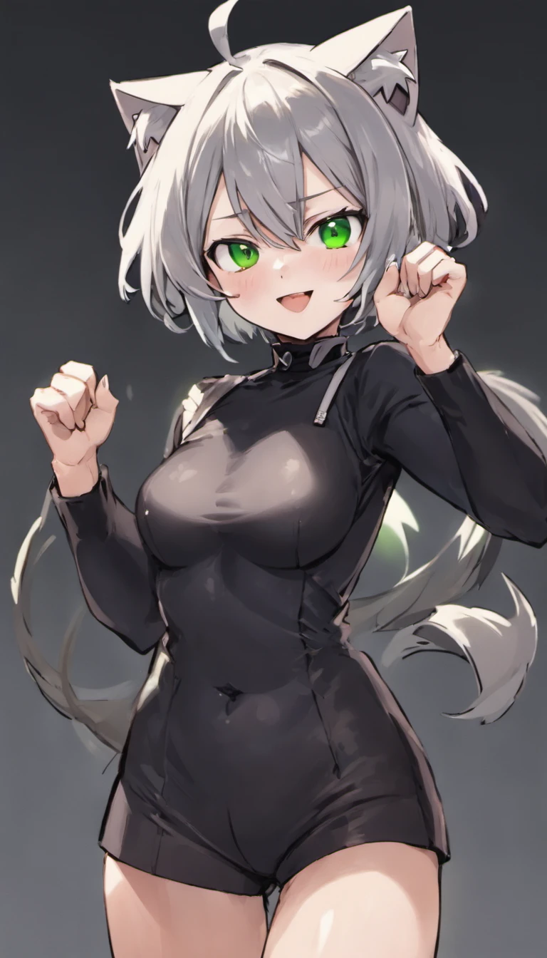 Sanya V. Litvyak, strike witches, short silver hair, green eyes, black cat ears, shy smile