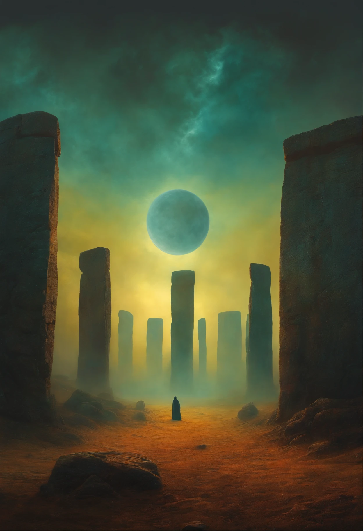 Zdzisław Beksiński stonehenge style with Aliens landing