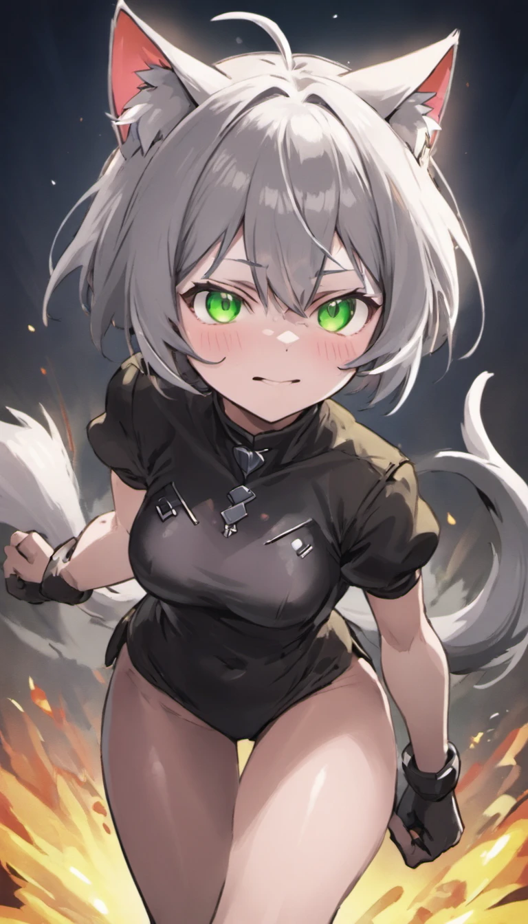 Sanya V. Litvyak,strike witches,short silver hair,green eyes,black cat ears,shy smile,illustration,detailed shading,soft lighting,vivid colors,true-to-life details,high resolution,anime style,subtle pastel tones
