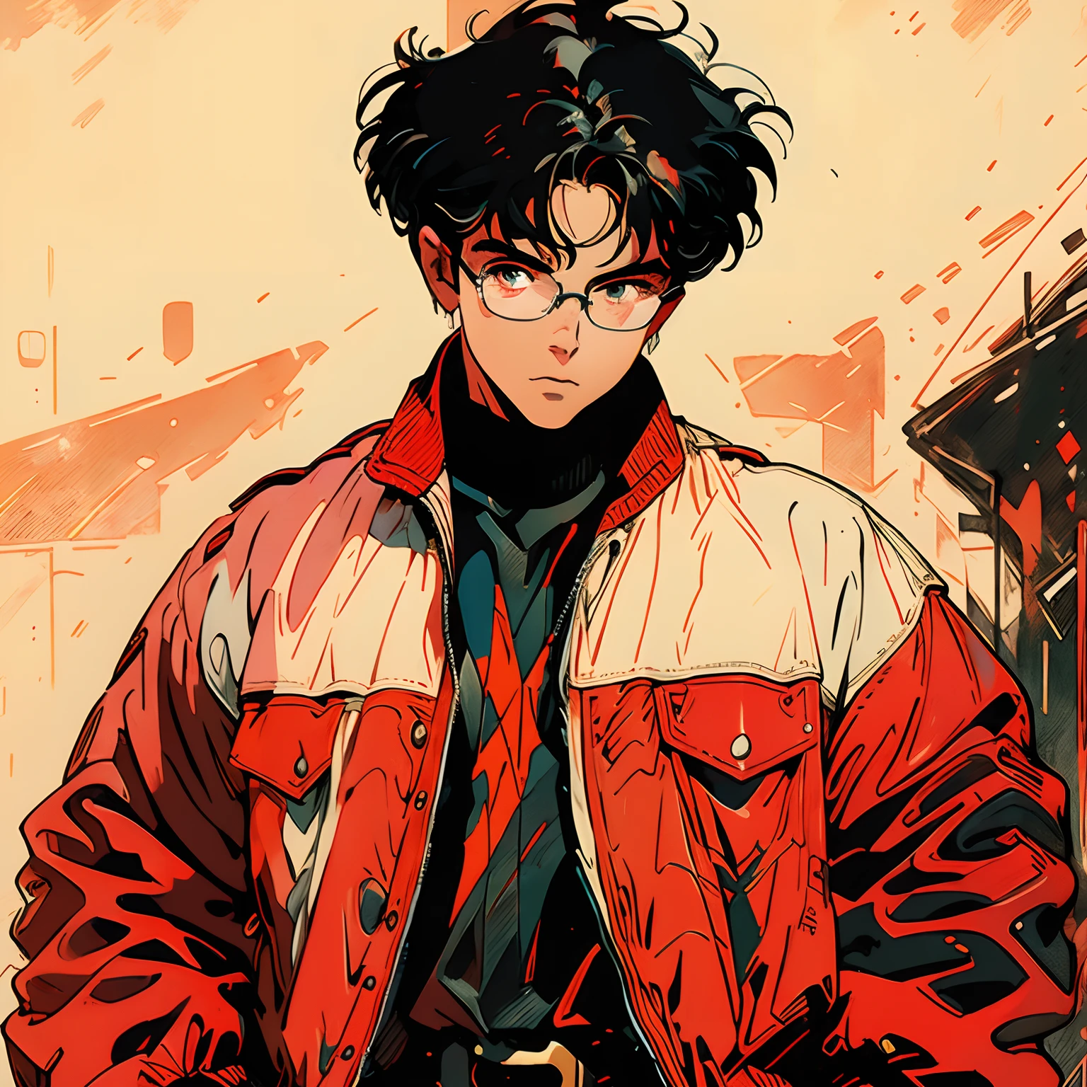 man, glasses, black hair, red eyes, leather clothes, hand in pocket