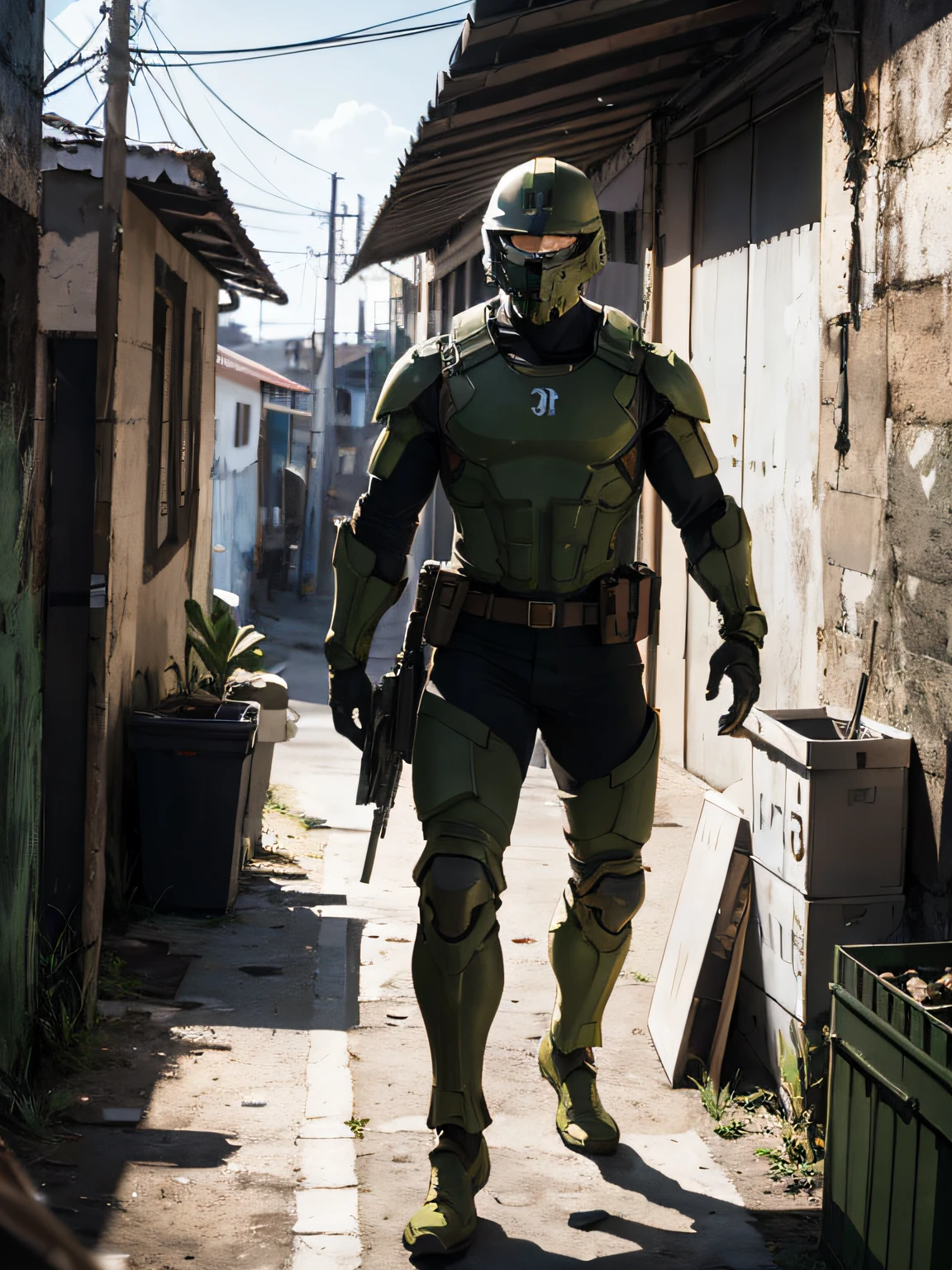 a spartan soldier invading a brazilian favela, photorealistic, taken using the Canon EOS R camera with a 50mm f/1.8 lens, f/2.2 aperture, shutter speed 1/200s, ISO 100 and natural light, Full Body, Hyper Realistic Photography, Cinema, Cinema, Hyperdetail, UHD, Color Correction, hdr, color grading, hyper realistic CG animation --air 4:5 --upbeta --q 2 --v 5,  d