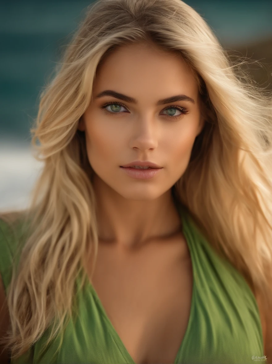 (Realistic girl, European beauty, na praia, blonde hair, olhos verdes), (melhor qualidade, ultra-detalhado, Realistic:1.37), vivid colors, Retratos, luz solar dourada