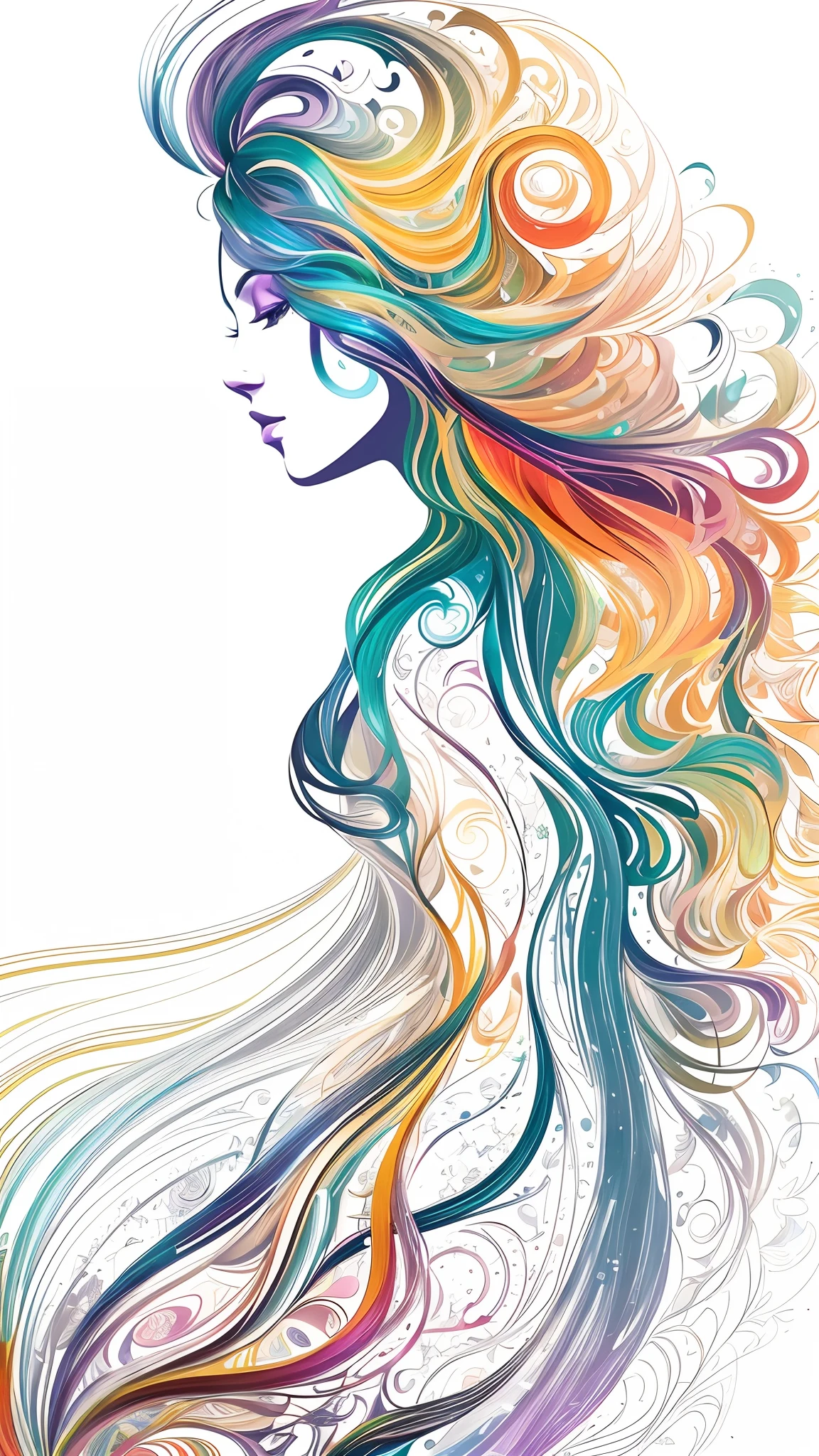 A stunning digital artwork illustration of silhouette of woman with long, flowing hair in a colorful dress. The hair has a psychedelic and glowing effect, creating a mesmerizing and vibrant visual. The artwork is in UHD 4K resolution, showcasing the exquisite details of the digital illustration. The use of multicolored vector art adds to the beauty and vibrancy of the piece.