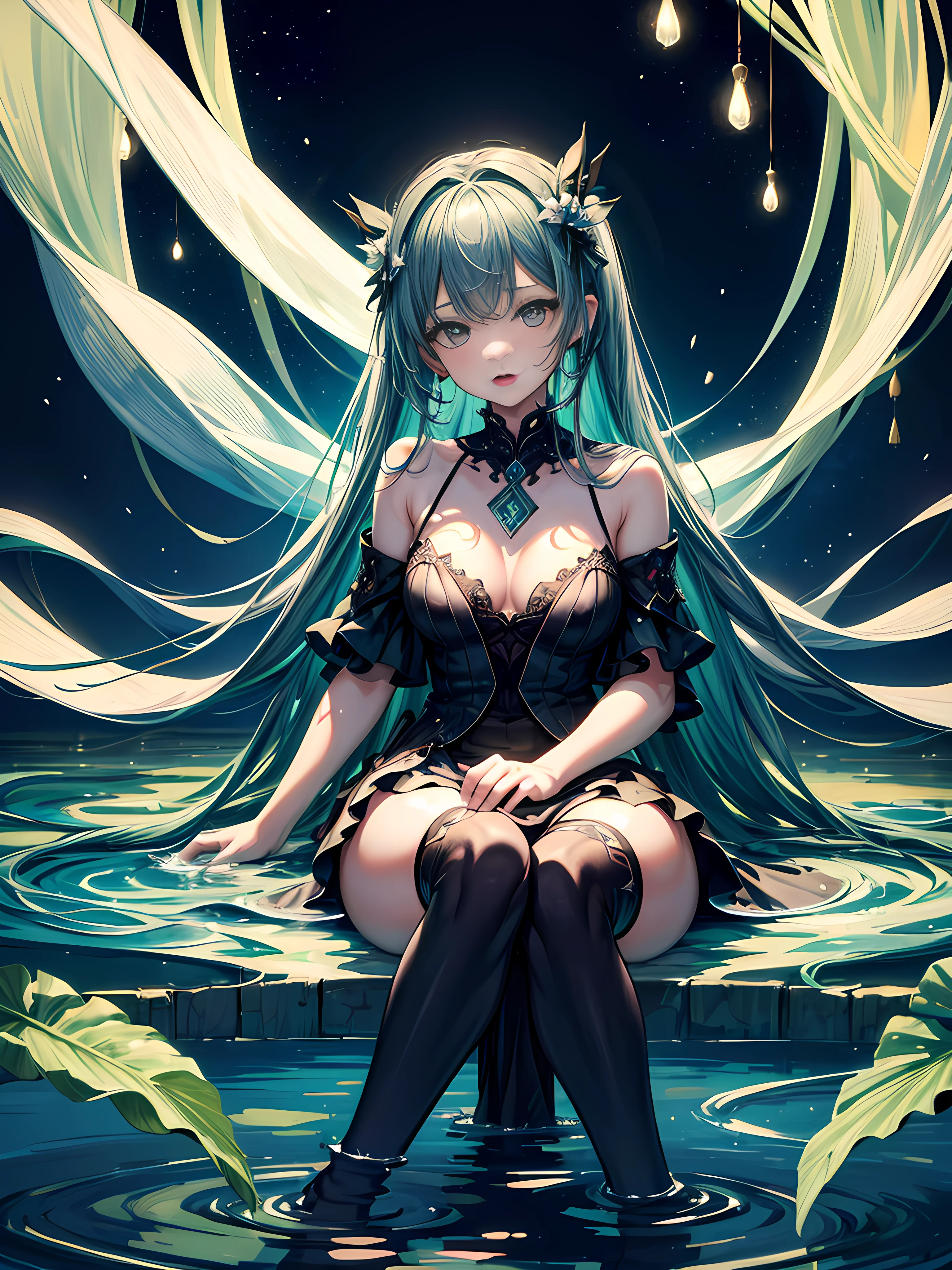 (((High quality, Best quality, high resolution)))1 girl, Baby face, silber hair, Face focus, (half closed eyes:0.8), (saliva:0.5), Provocative, Long dress ( Black dress), Bare shoulders, Open mouth, Sit on your knees with your legs crossed, (Spread legs:1.1), Head tilt, Close contacts, Dark background, the moon in the background, Lake, Blue water, glowing water, bathing, In water,glowworm, water lilies, (Close-up:1.1), From the front side, From below, view the viewer,、,Nahida_Genshin, cross-shaped pupils, default_dress, Green cape