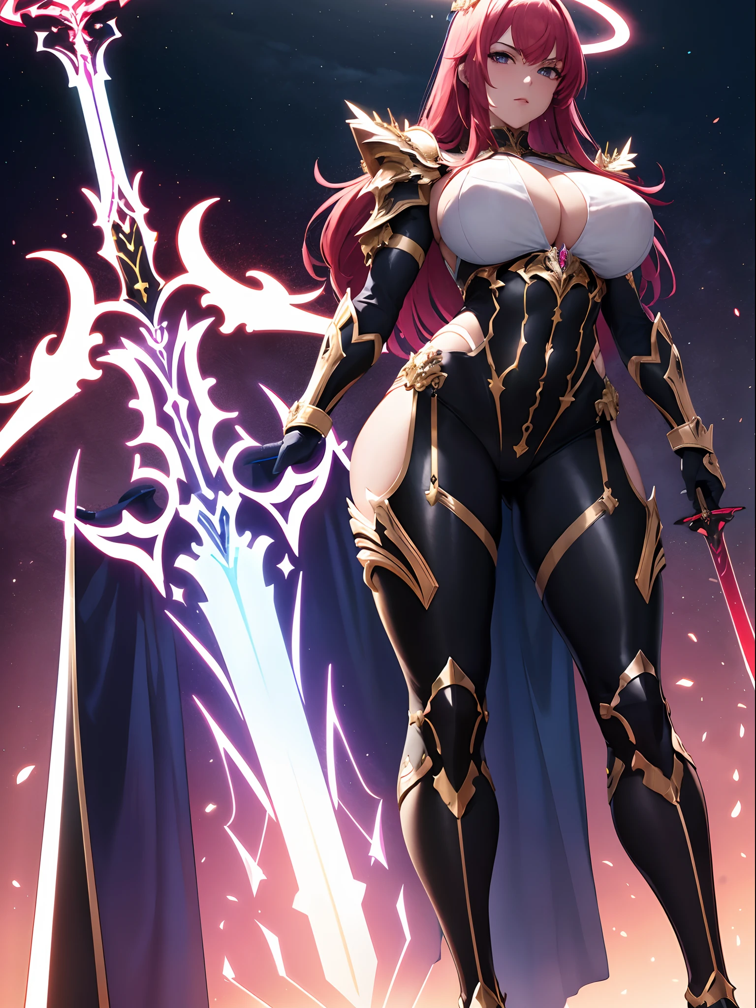 masterpiece, best quality, adult women with sexy royal armor, neon armor, glorious halo crown at head, large neon broadsword, holding sword infront, muscular thicc body, medium hair, crimson hair color, bangs, HD delicated face, full body view