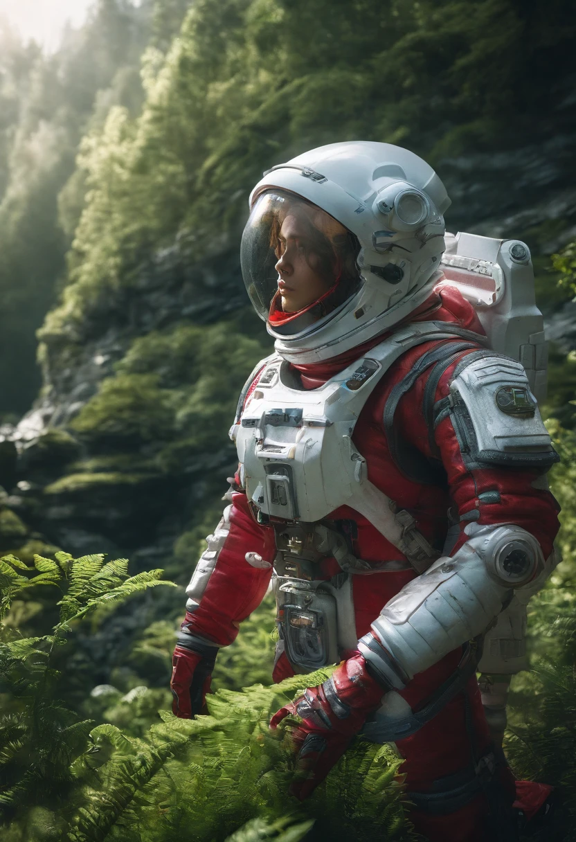 (35mmstyle:1.2), Highly detailed RAW color Photo, Rear Angle, Full Body, of (female space marine, wearing white and red space suit, futuristic helmet, tined face shield, rebreather, accentuated booty), outdoors, (standing on Precipice of tall rocky mountain, looking out at magical lush green rain forest on alien planet), vivid detail, (exotic alien planet), toned body, big butt, (sci-fi), (mountains:1.1), (lush green vegetation), (two moons in sky:0.8), (highly detailed, hyperdetailed, intricate), (lens flare:0.7), (bloom:0.7), particle effects, raytracing, cinematic lighting, shallow depth of field, photographed on a Sony a9 II, 35mm wide angle lens, sharp focus, cinematic film still from Gravity 2013, viewed from behind, dynamic angle
