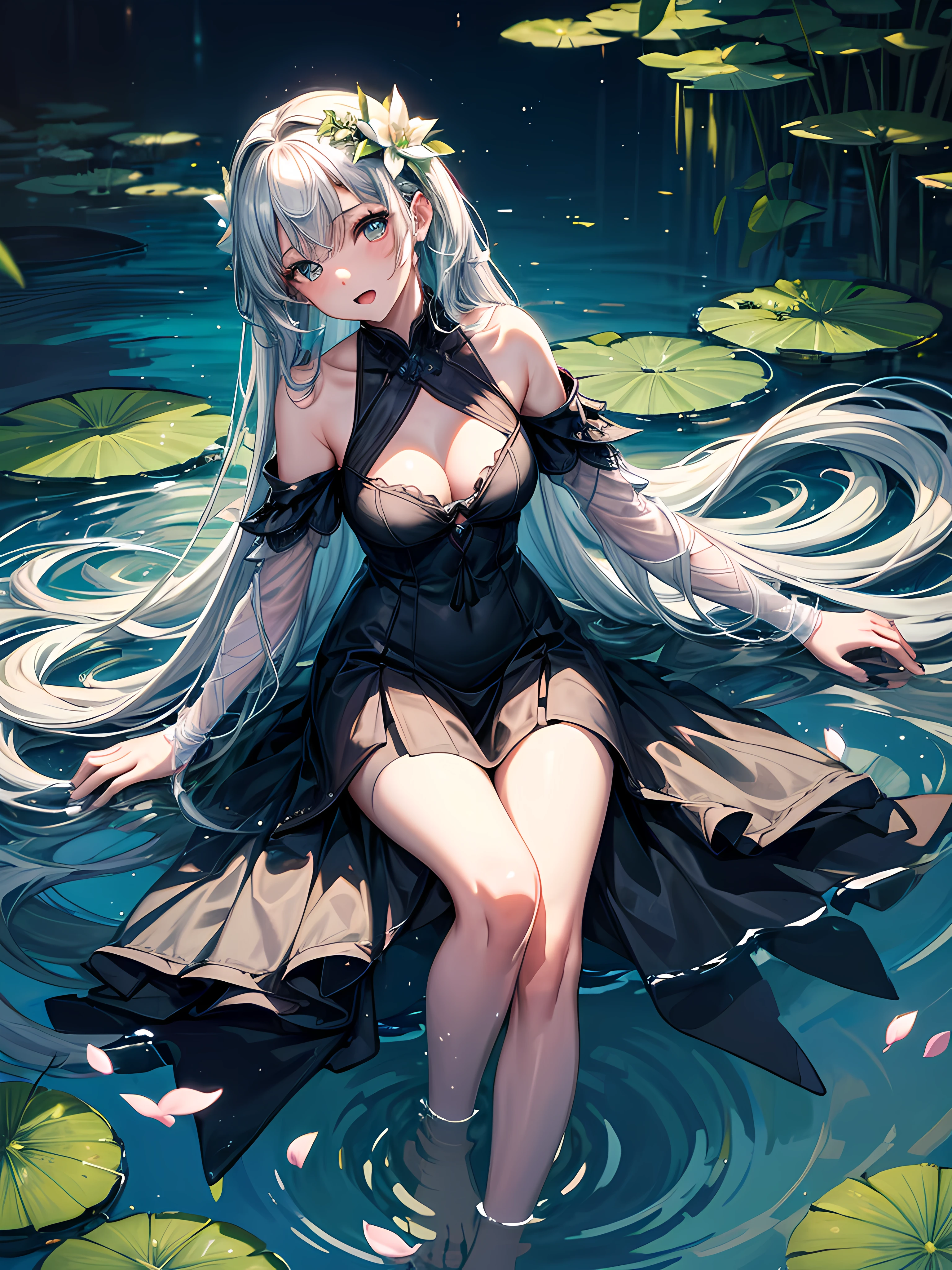 (((High quality, Best quality, high resolution)))1 girl, Baby face, silber hair, Face focus, (half closed eyes:0.8), (saliva:0.5), Provocative, Long dress ( Black dress), Bare shoulders, Open mouth, Sit on your knees with your legs crossed, (Spread legs:1.1), Head tilt, Close contacts, Dark background, the moon in the background, Lake, Blue water, glowing water, bathing, In water,glowworm, water lilies, (Close-up:1.1), From the front side, From below, view the viewer,、,Nahida_Genshin, cross-shaped pupils, default_dress, Green cape