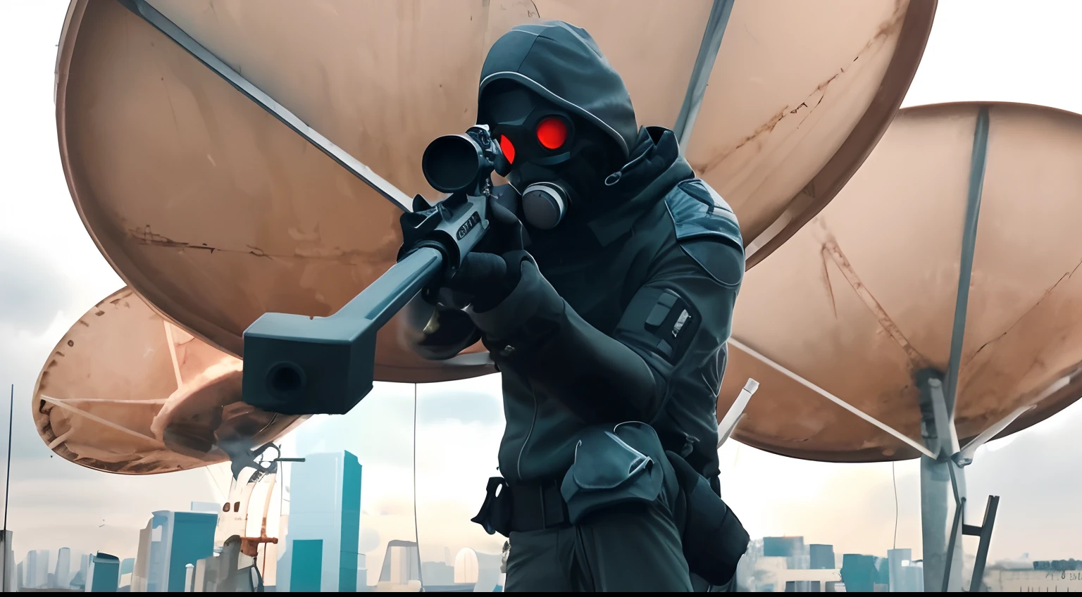 Man in a gas mask holding a rifle and looking at a satellite dish, assassino cyberpunk, soldado cyberpunk, omen from valorant, cinematic —ar 16:9, Cyberpunk Rua Goon, de um filme 2 0 1 9 sci fi 8k, soldado futurista, dystopian sci-fi character, soviet style cyberpunk, cosplay capuz vermelho, Todas as roupas pretas cyberpunk