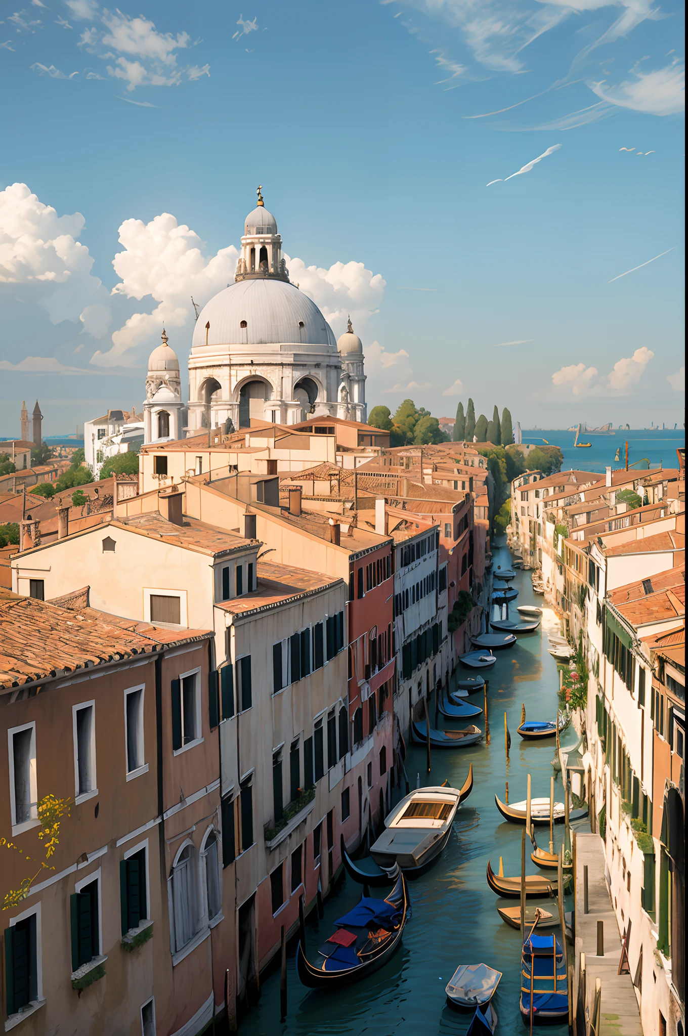 a very detailed photography of an water canal in Venice, there are houses on both sides and a church dome on the left, at sunset, hyperrealism