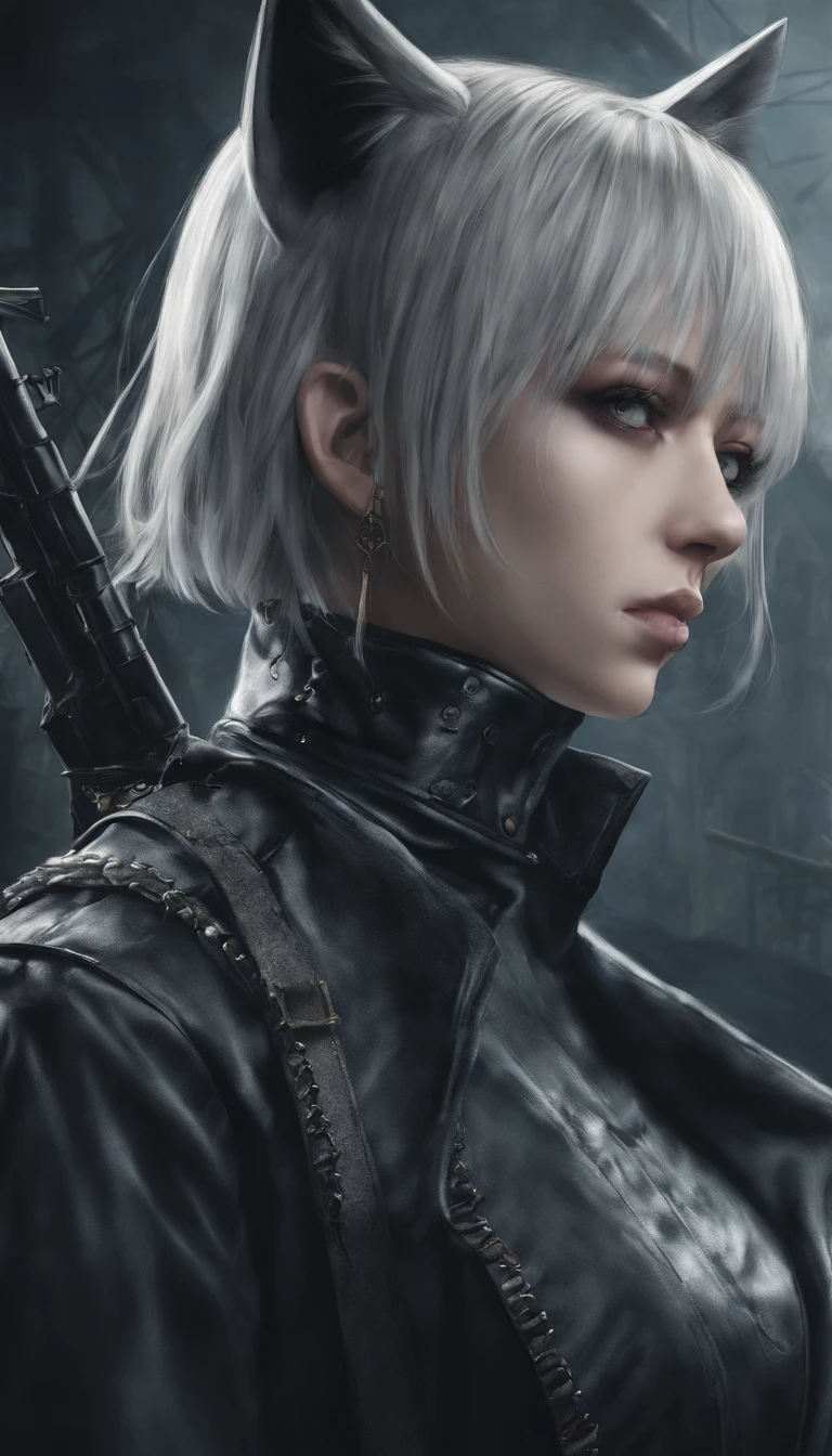 Sanya V. Litvyak,strike witches,short silver hair,green eyes,black cat ears,shy smile,illustration,ultra-detailed,realistic,(best quality,4k,8k,highres,masterpiece:1.2),ultra-detailed,professional,vivid colors,anime,portraits,cool blue tones,soft lighting