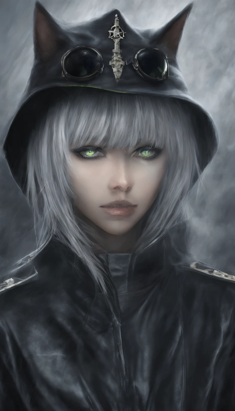 Sanya V. Litvyak,strike witches,short silver hair,green eyes,black cat ears,shy smile,illustration,ultra-detailed,realistic,(best quality,4k,8k,highres,masterpiece:1.2),ultra-detailed,professional,vivid colors,anime,portraits,cool blue tones,soft lighting