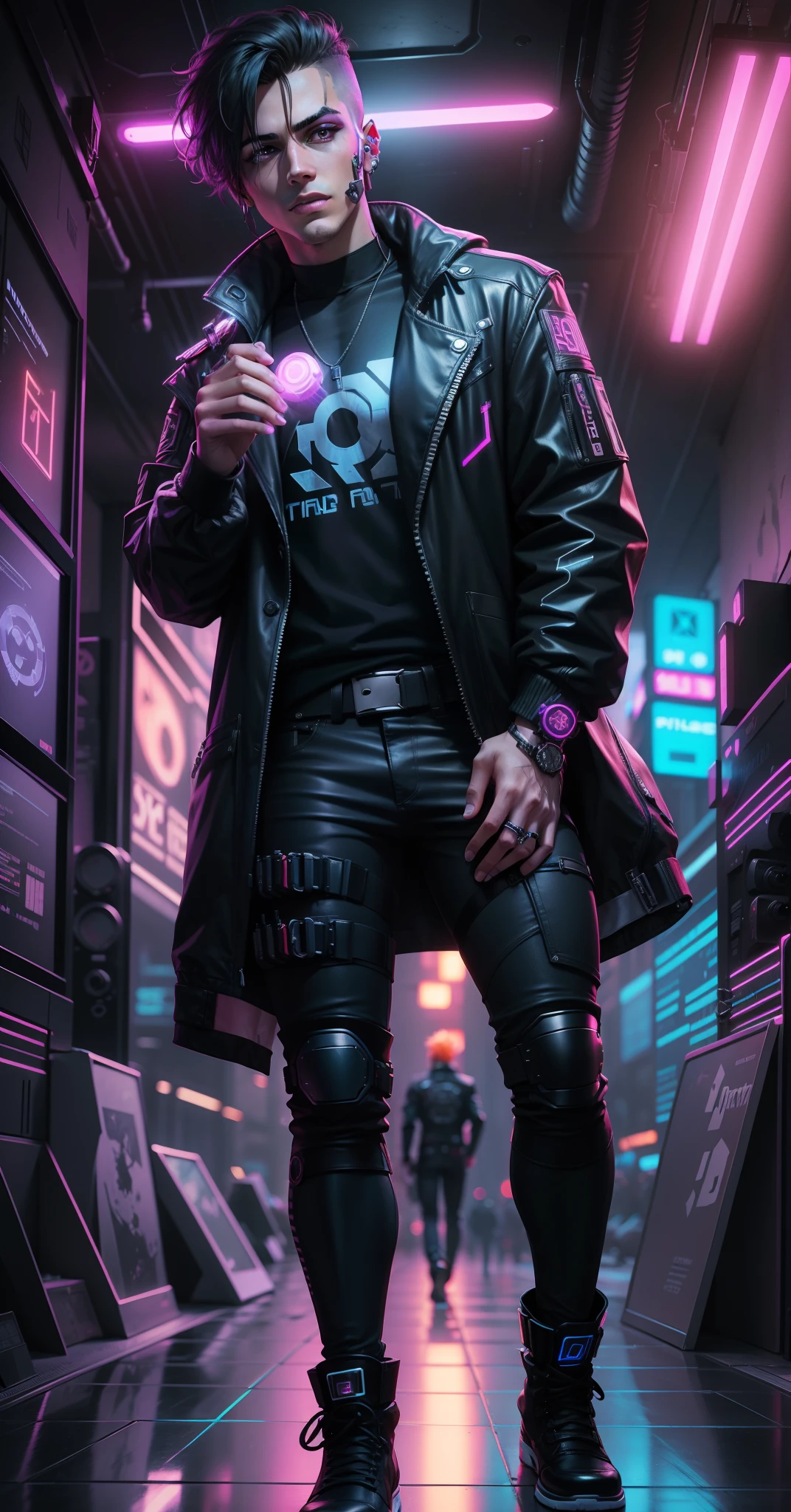 /imagine change background cyberpunk handsome boy, realistic face,neon light, 8k,V4, ulta