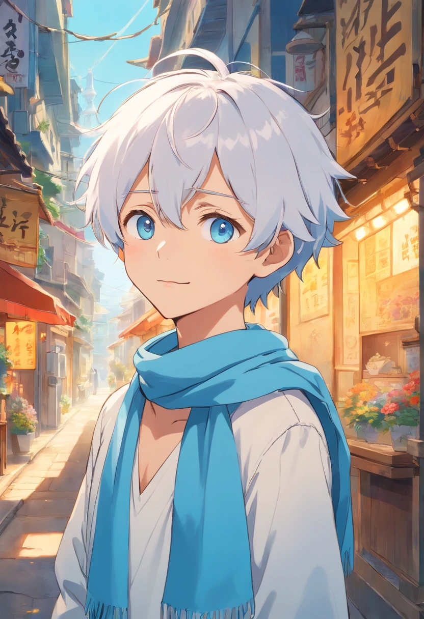 ((Masterpiece, Best quality)), (1boys), (Solo), (Male focus), (White hair, Short hair, TIGS light blue),soft blue eyes,(White pupils) , Light smile, Depressed expression, ((Yellow shirt), (Overall), ((overall light blue), ((Blue scarf，golden detailing )), standing, Dynamic Angle