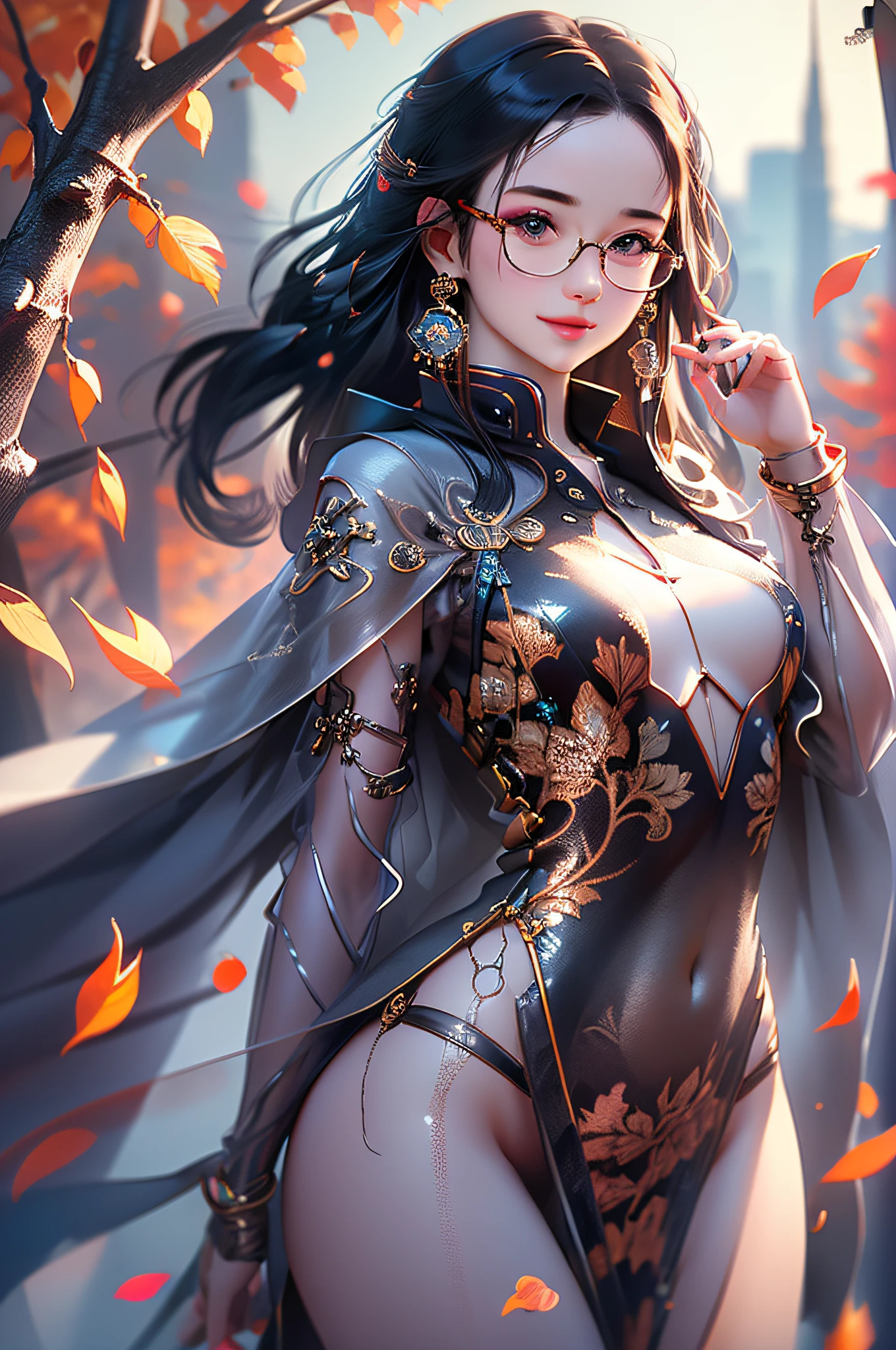 1girl,, pubic hair, (looking at viewer, light smile, ), brown hair, brown eyes, long hair, hair_flying, Fluttering hair, flying_hair, ((Transparent glasses, glasses, glasses_on_nose)), wind coat, black_coat, ((nfsw, expose, nude, breasts out, nipple, small breasts, )), sexy, charming, stunning, enhance, delicate, (pale skin, real_skin), sunlight, autumn, wind, tree, fallen leaves, outdoor, best quality, high quality, highres, 8k, photo realistic, raw photo, cannon, nikon,