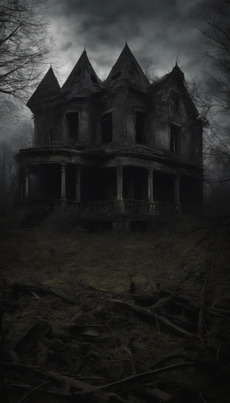 (best quality,4k,8k,highres,masterpiece:1.2),ultra-detailed,(realistic,photorealistic,photo-realistic:1.37),abandoned house near the forest,gray clouds before the rain,gloomy atmosphere,dark and mysterious,crumbling walls,moss-covered roof,broken windows,tangled vines,overgrown trees,desolate surroundings,creepy ambiance,hauntingly beautiful,forbidding entrance,dilapidated furniture,rustic charm,decaying floorboards,eerie stillness,fading daylight,secretive secrets,hint of a story,whispering wind,ominous silence,hidden treasures,dank and musty,echoes of the past,enchanted forest,misty shadows,lonely and forgotten,dramatic landscape,ominous encounters,forgotten dreams,dimly lit corners,vivid imagination,untold mysteries,lost memories,ghostly apparitions,distant footsteps,weathered charm