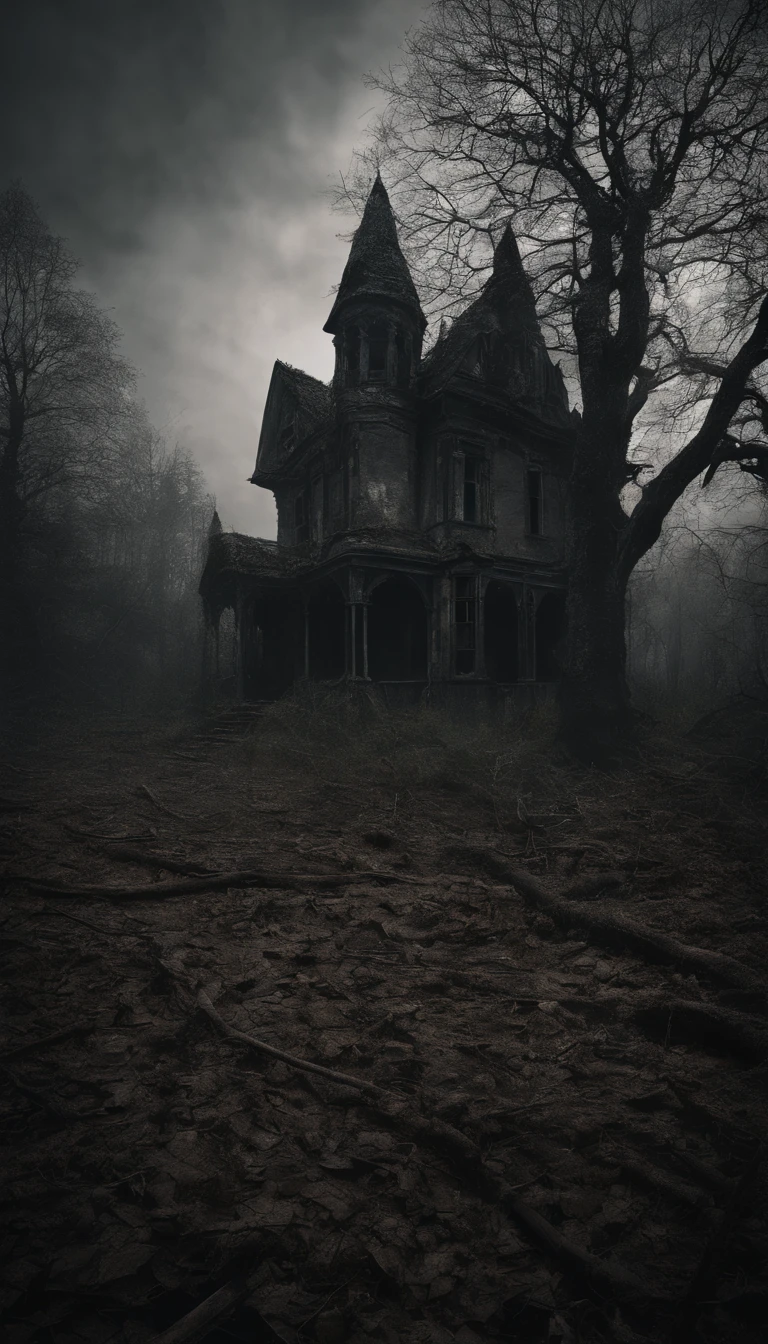 (best quality,4k,8k,highres,masterpiece:1.2),ultra-detailed,(realistic,photorealistic,photo-realistic:1.37),abandoned house near the forest,gray clouds before the rain,gloomy atmosphere,dark and mysterious,crumbling walls,moss-covered roof,broken windows,tangled vines,overgrown trees,desolate surroundings,creepy ambiance,hauntingly beautiful,forbidding entrance,dilapidated furniture,rustic charm,decaying floorboards,eerie stillness,fading daylight,secretive secrets,hint of a story,whispering wind,ominous silence,hidden treasures,dank and musty,echoes of the past,enchanted forest,misty shadows,lonely and forgotten,dramatic landscape,ominous encounters,forgotten dreams,dimly lit corners,vivid imagination,untold mysteries,lost memories,ghostly apparitions,distant footsteps,weathered charm