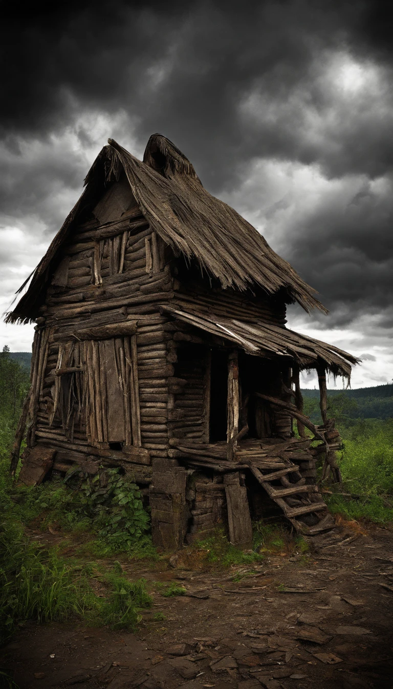 abandoned house near the forest, gray clouds before the rain, gloomy atmosphere