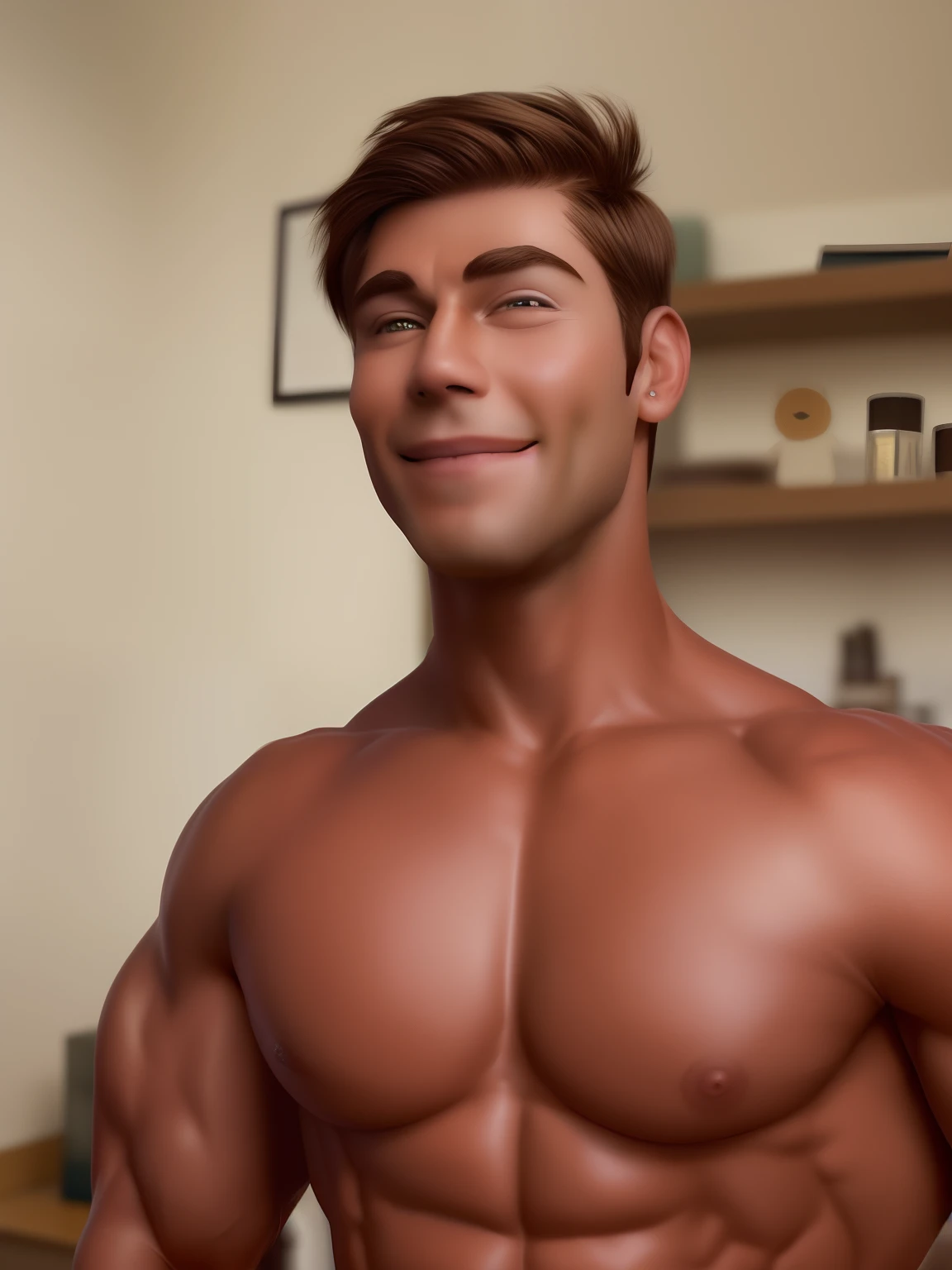 Make a muscular body man with brown hairs , dimples in face , make a smiley face, portrait, hot,