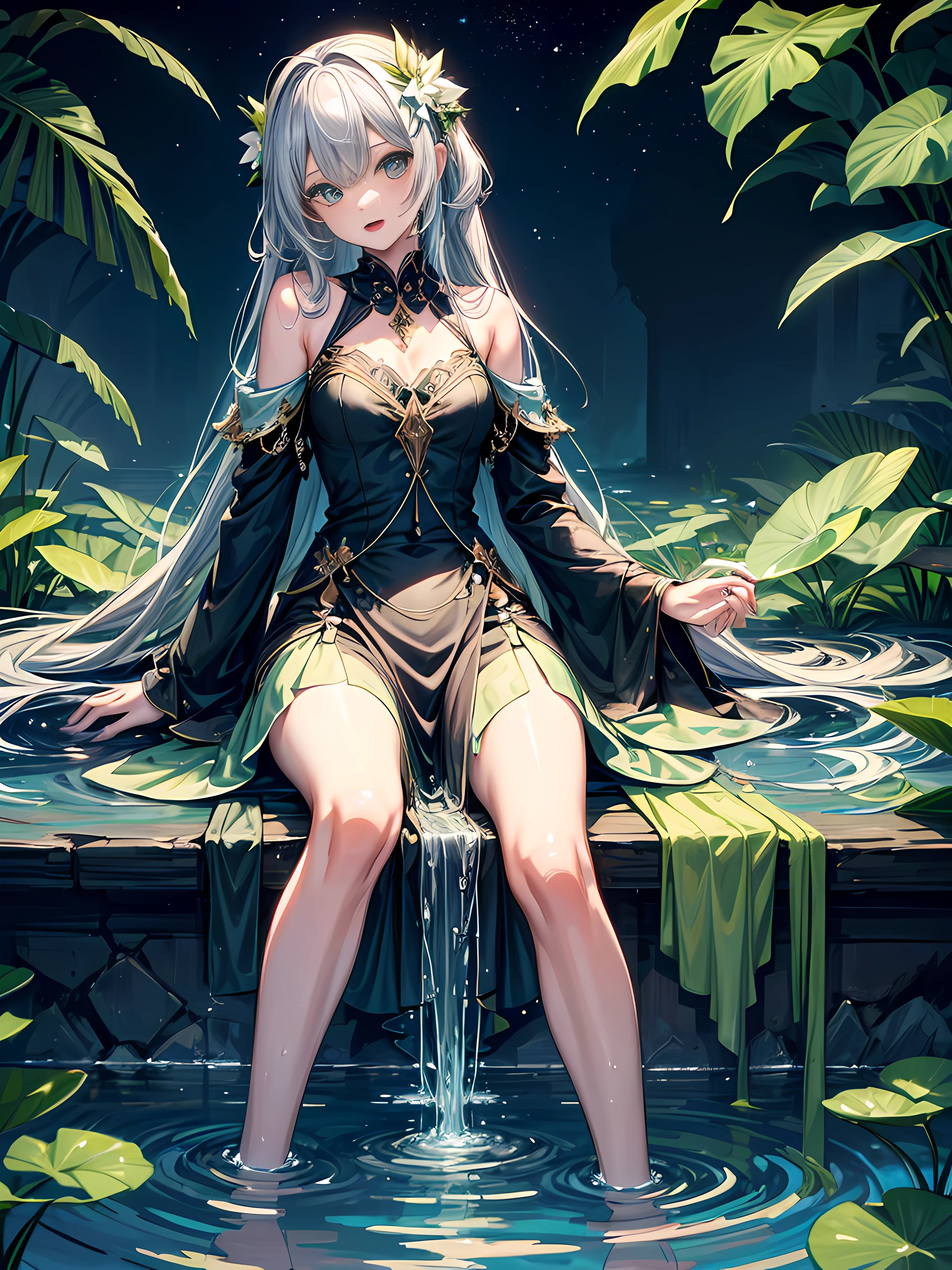 (((High quality, Best quality, high resolution)))1 girl, , silber hair, Face focus, (half closed eyes:0.8), (saliva:0.5), Provocative, Long dress ( Black dress), Bare shoulders, Open mouth, Sit on your knees with your legs crossed, (Spread legs:1.1), Head tilt, Close contacts, Dark background, the moon in the background, Lake, Blue water, glowing water, bathing, In water,glowworm, water lilies, (Close-up:1.1), From the front side, From below, view the viewer,、,Nahida_Genshin, cross-shaped pupils, default_dress, Green cape