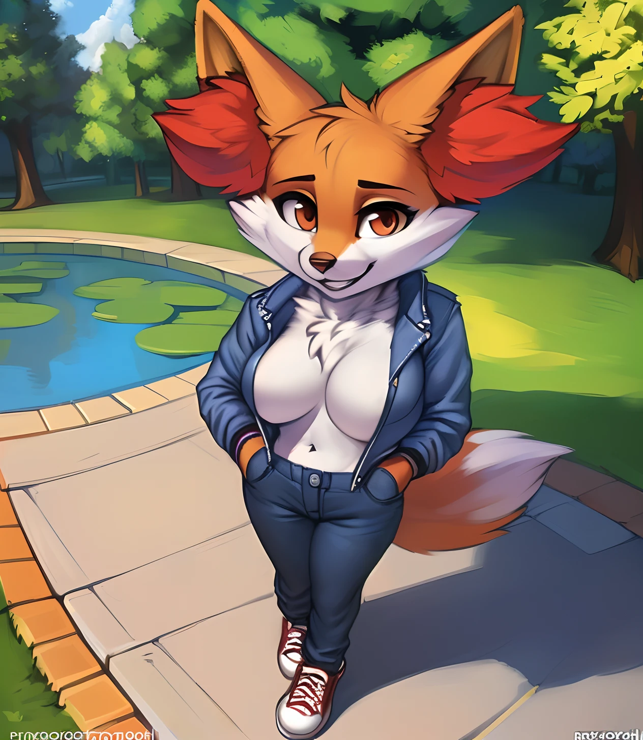 [Braixen], [pokemon], [Uploaded to e621.net; (Foxovh), (Pixelsketcher), (mayosplash], ((masterpiece)), ((solo portrait)) ((front view)), ((full body)), ((furry)), ((detailed fur)), ((detailed shading)), ((beautiful render art)), {female anthro fox; (yellow, red, and black fur), red ear fluff, bright orange eyes, happy smile, medium boobs}, {denim jacket, tight blue jeans, red sneakers}, {(standing), (hands in pockets)}, [background; (blue sky), (park), (trees), (pond)]